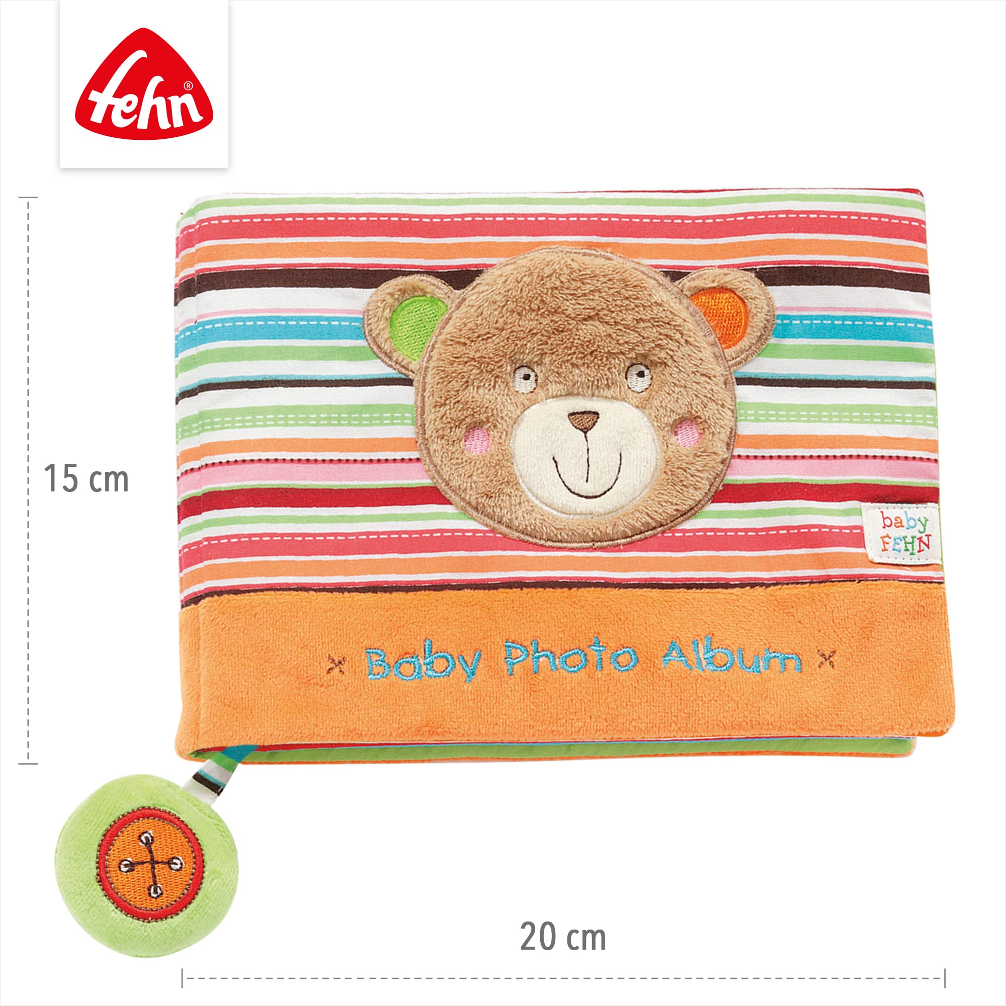 Fehn Baby Photo Album Teddy - album fotografico di ricordi da disegnare e sentire in tessuto - album giocattolo per la nascita per neonati e bambini da 0+ mesi per memorizzare volti e imparare nomi