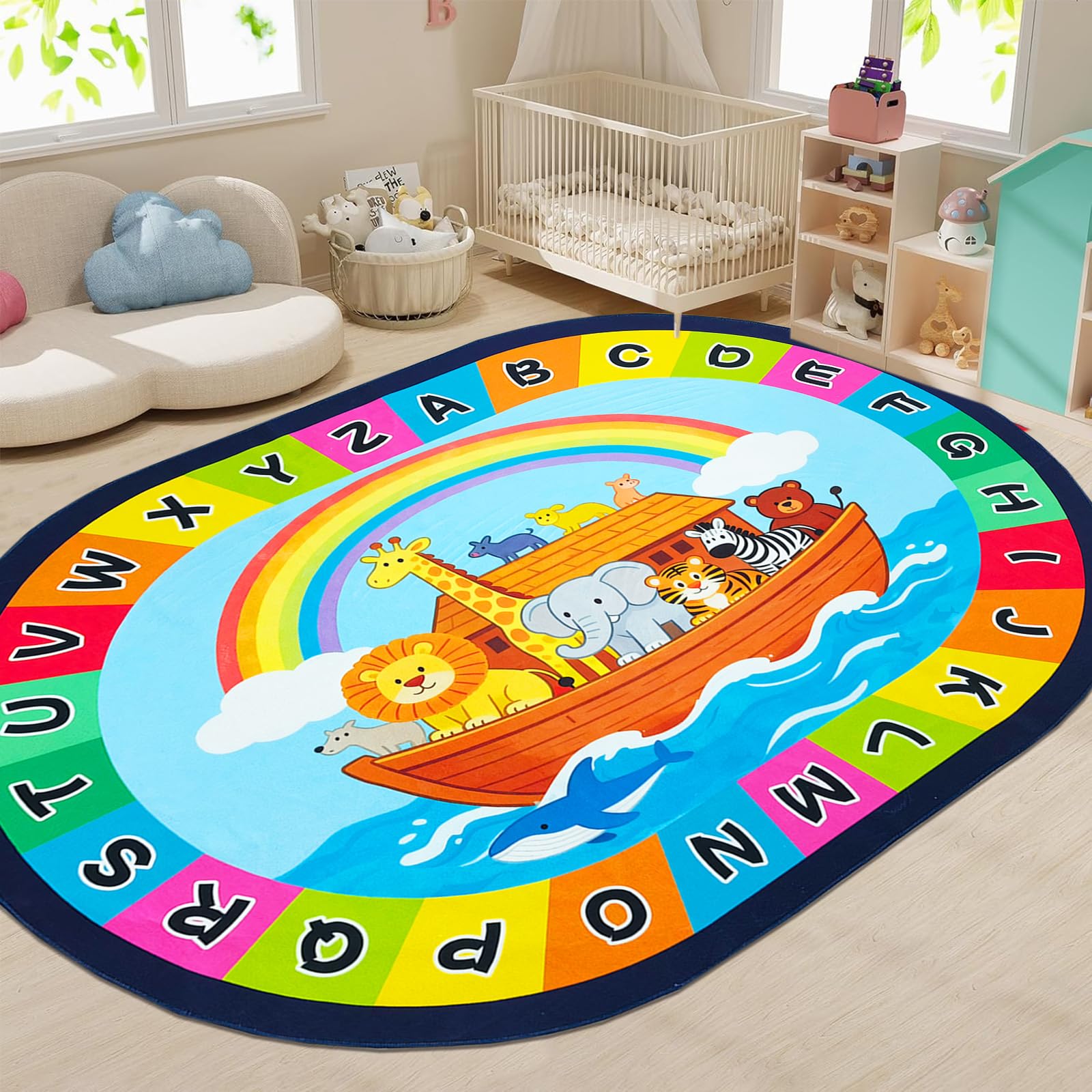 USTIDE Large Oval Kids Rug 6x9, ABC Alphabet Animals Educational & Fun Classroom Rug Non-Slip Washable Ocean Learning Carpet for Playroom — image 1