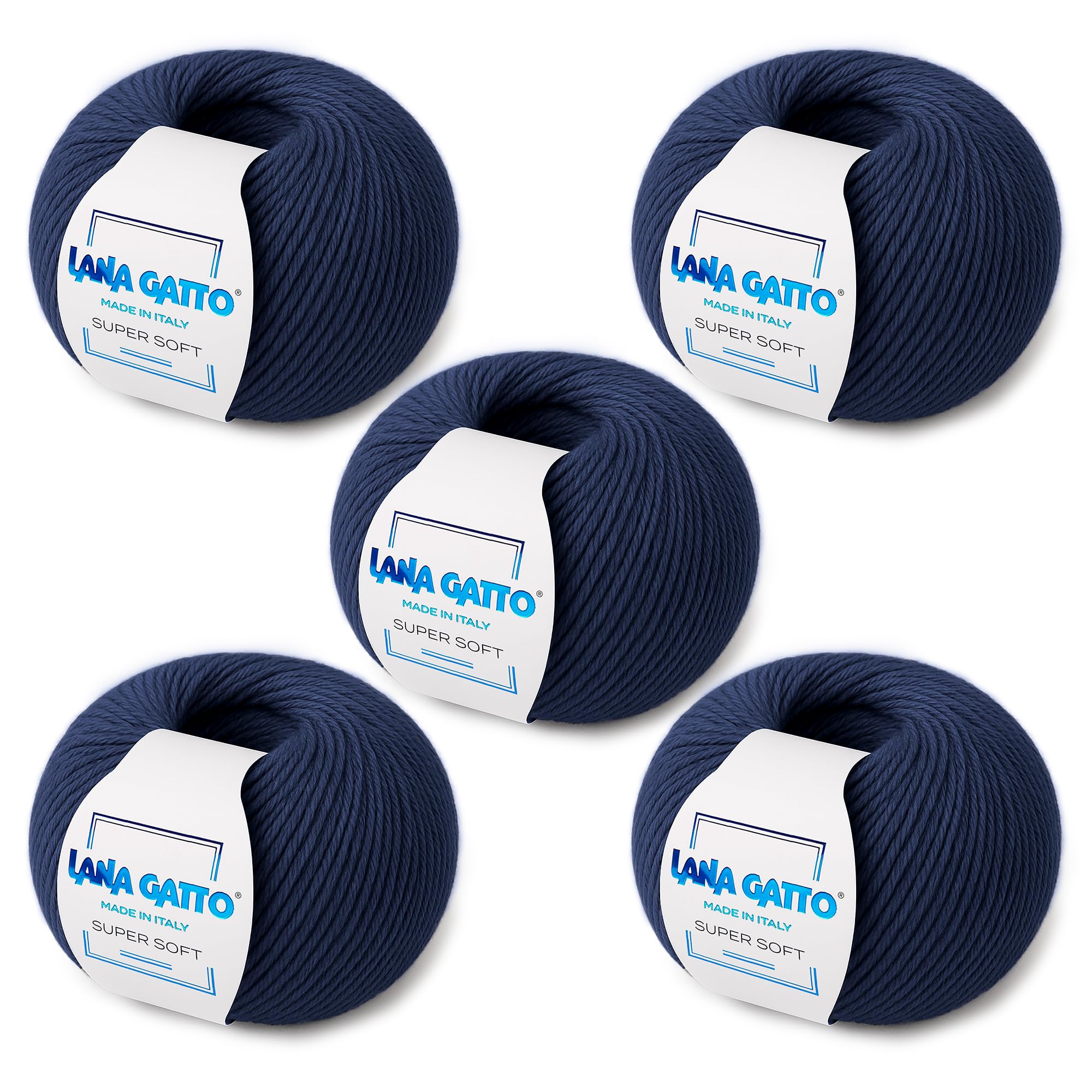 Ovillos para tricotar, 100% Pura Lana Virgen Merino Extrafina de Lana Gatto, Made in Italy. Línea Super Soft, 250 g. 625 mt, (Azul, 5)