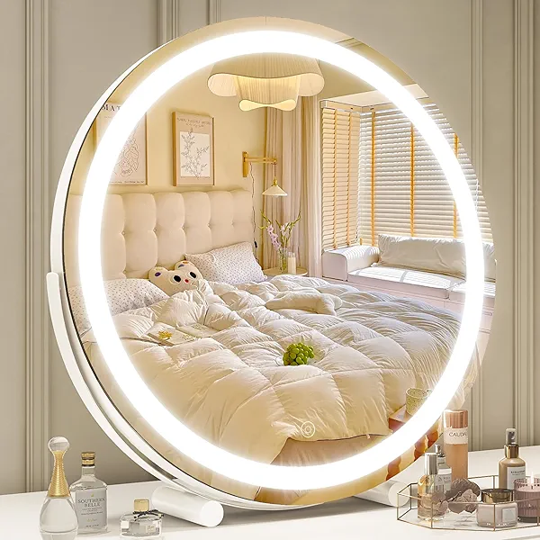 ROLOVE Vanity Mirror with Lights, 18 Inch Lighted Makeup Vanity, Smart Touch Control, 3-Color Dimmable Round Design, 360° Rotating Tabletop Mirror (White)