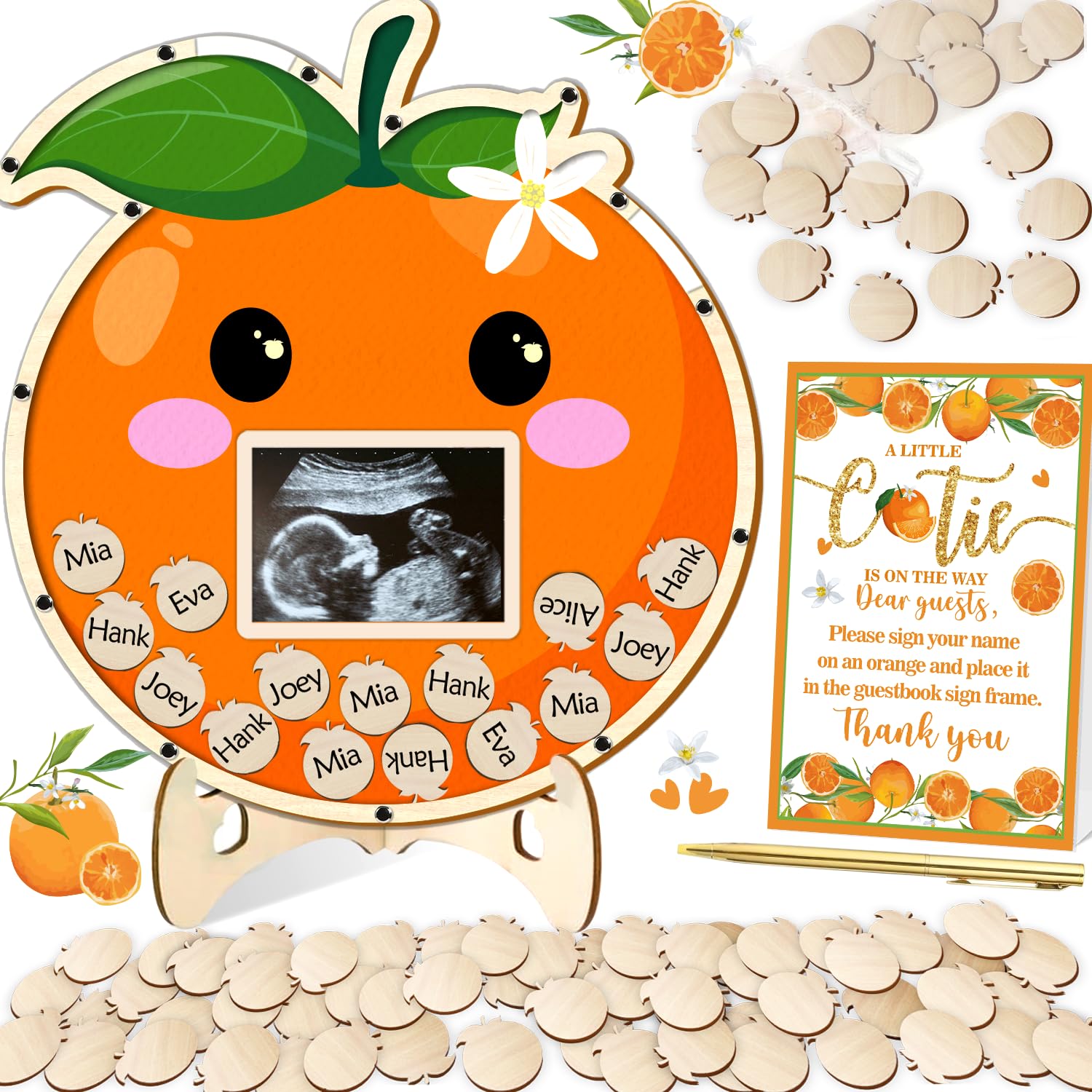 KAMUFU A Little Cutie is on The Way Baby Shower Guest Book Set, 64 Pieces, Little Cutie Baby Shower Decorations with Wood Photo Sonogram Frame Keepsake 60 Wood Orange Chips Pen Standing Sign Synopsis