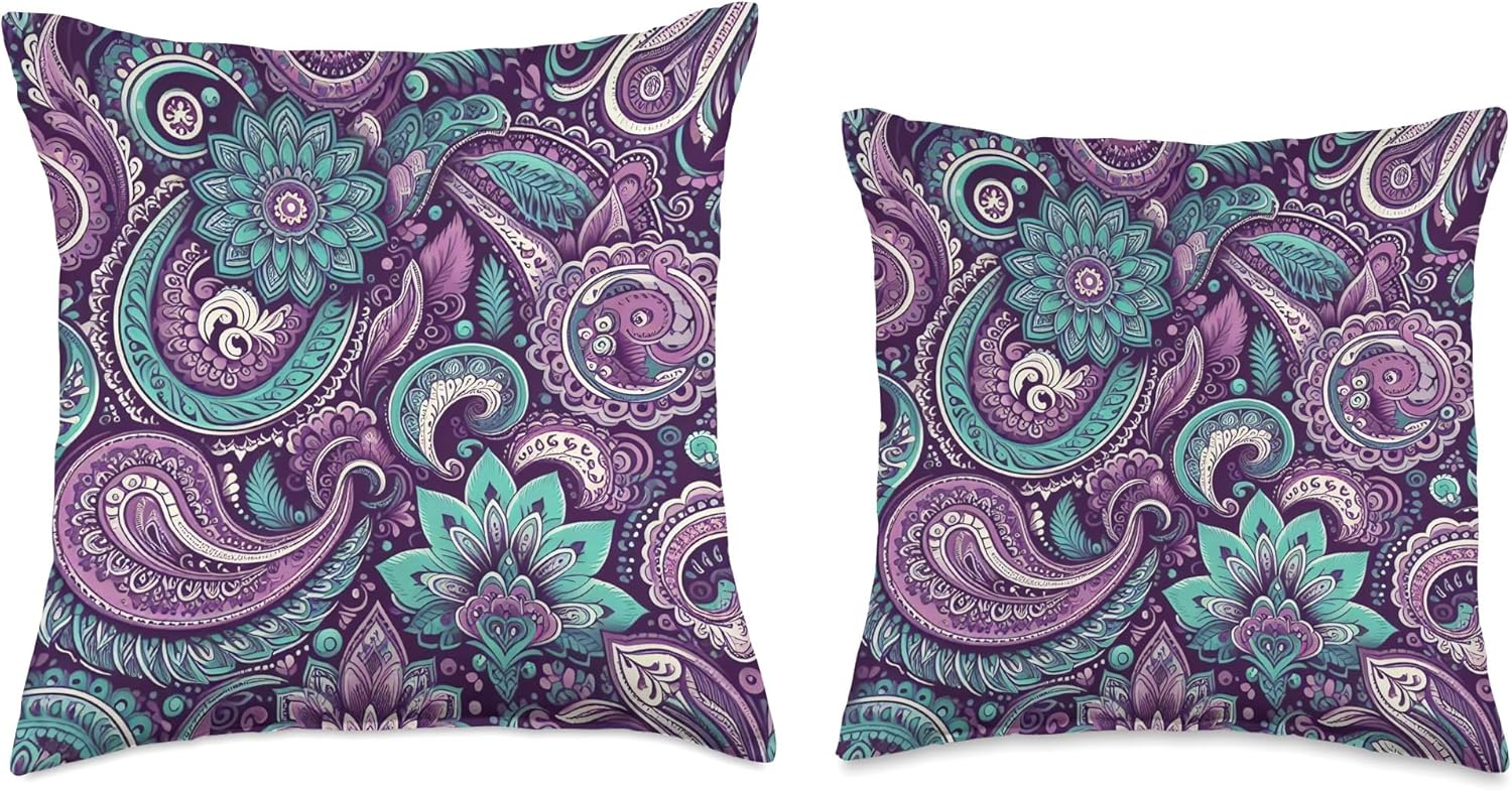 Colorful Purple Teal Paisley Flowers Pretty Pattern Design Throw Pillow