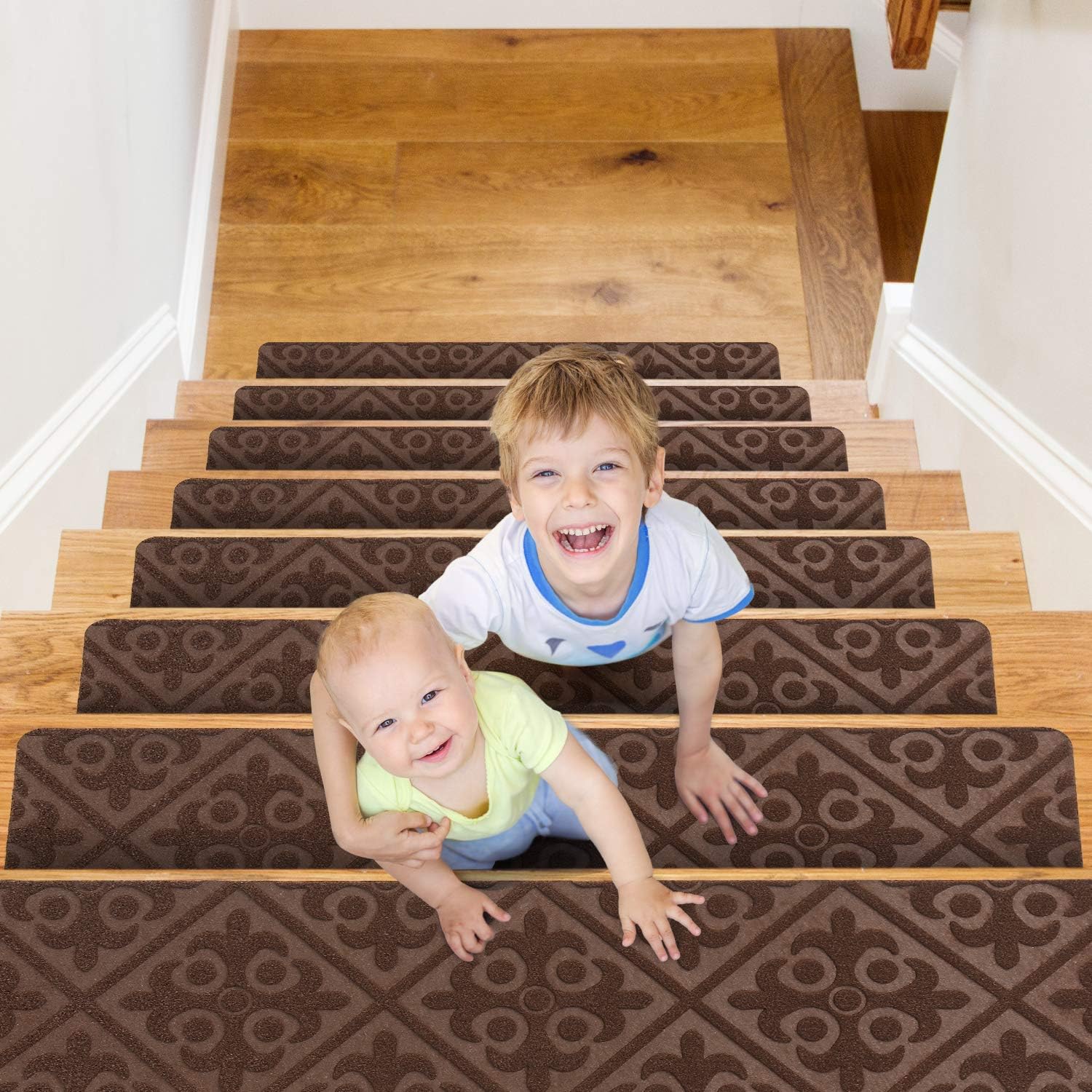 CrystalMX Non-Slip Carpet Stair Treads, Anti Moving Grip and Beauty Rug Tread Safety for Kids Elders and Dogs, 8" X 30" (Brown, Set of 15)