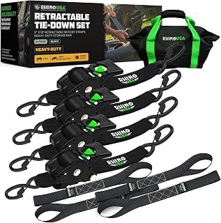 Rhino USA Retractable Ratchet Straps (4-Pack) - 2in x 10ft, 3,033lb, Black