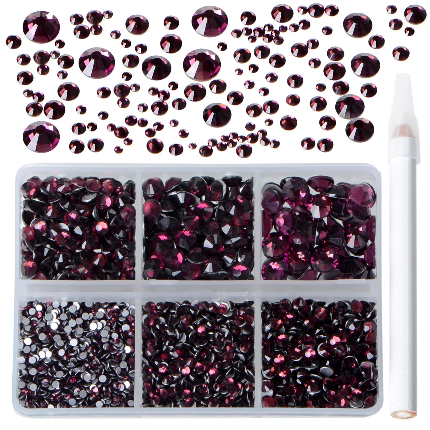 Bymitel 5000 Pieces 6 Mixed Sizes Glue Fix on Glass Rhinestones Round Crystal Gems Flatback for DIY Jewelry Making with one Picking Pen(6-Sizes 5000PCS, Amethyst)