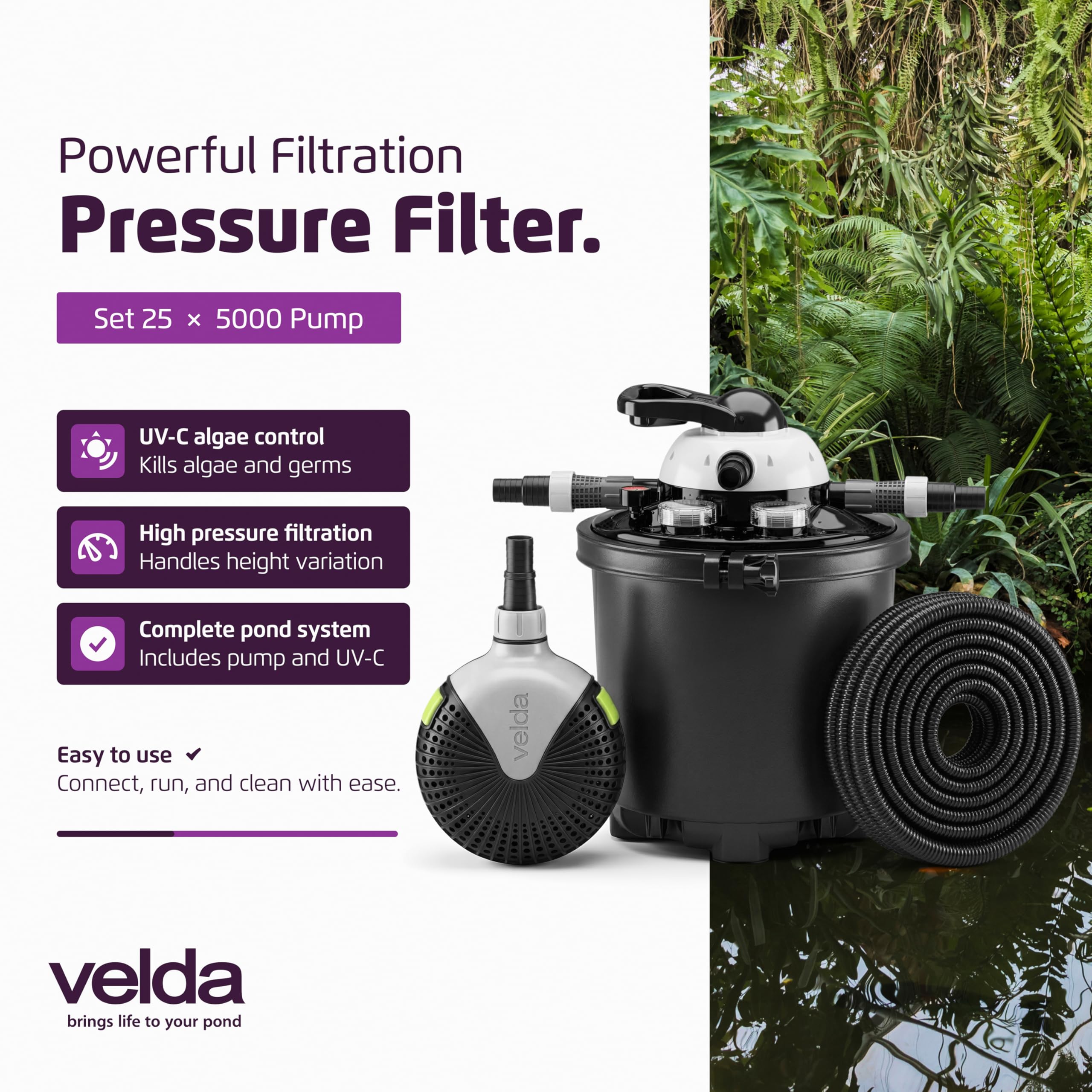 Velda, Filtro a Pressione Pompa Kit Completo per laghetto Ornamentale, Clear Control 25 Alta Streaming 4500 126311
