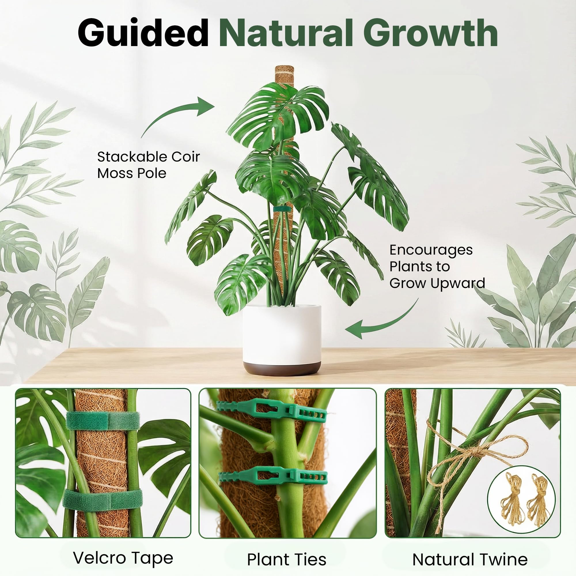 Paquete de 4 soportes para plantas Monstera de 16 pulgadas, apilables hasta 48 pulgadas, estacas para plantas trepadoras de interior en maceta, palos de coco altos y accesorios para Monstera, Pothos y