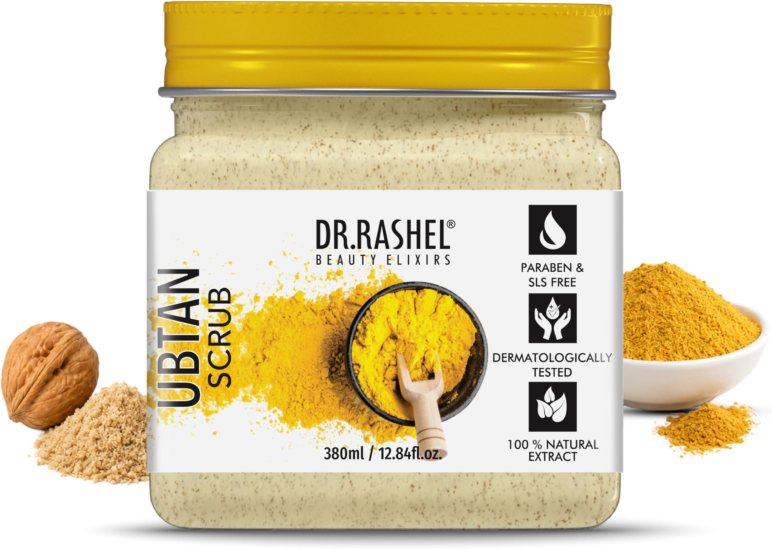 DR.RASHEL Beauty Elixirs Ubtan Scrub For Face & Body With Haldi, Chandan & Kesar Skin Brightening Tan & Dead Skin Removal Deep Exfoliation (380ml)