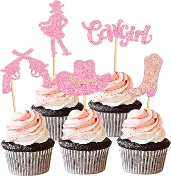 Ercadio 25 Pcs Cowgirl Cupcake Toppers Glitter Horse Shoe Cactus Gun Cupcake Picks Cowgirl Hats Boots Cake Decor for Western Theme Girls Birthday Party Decor Supplies