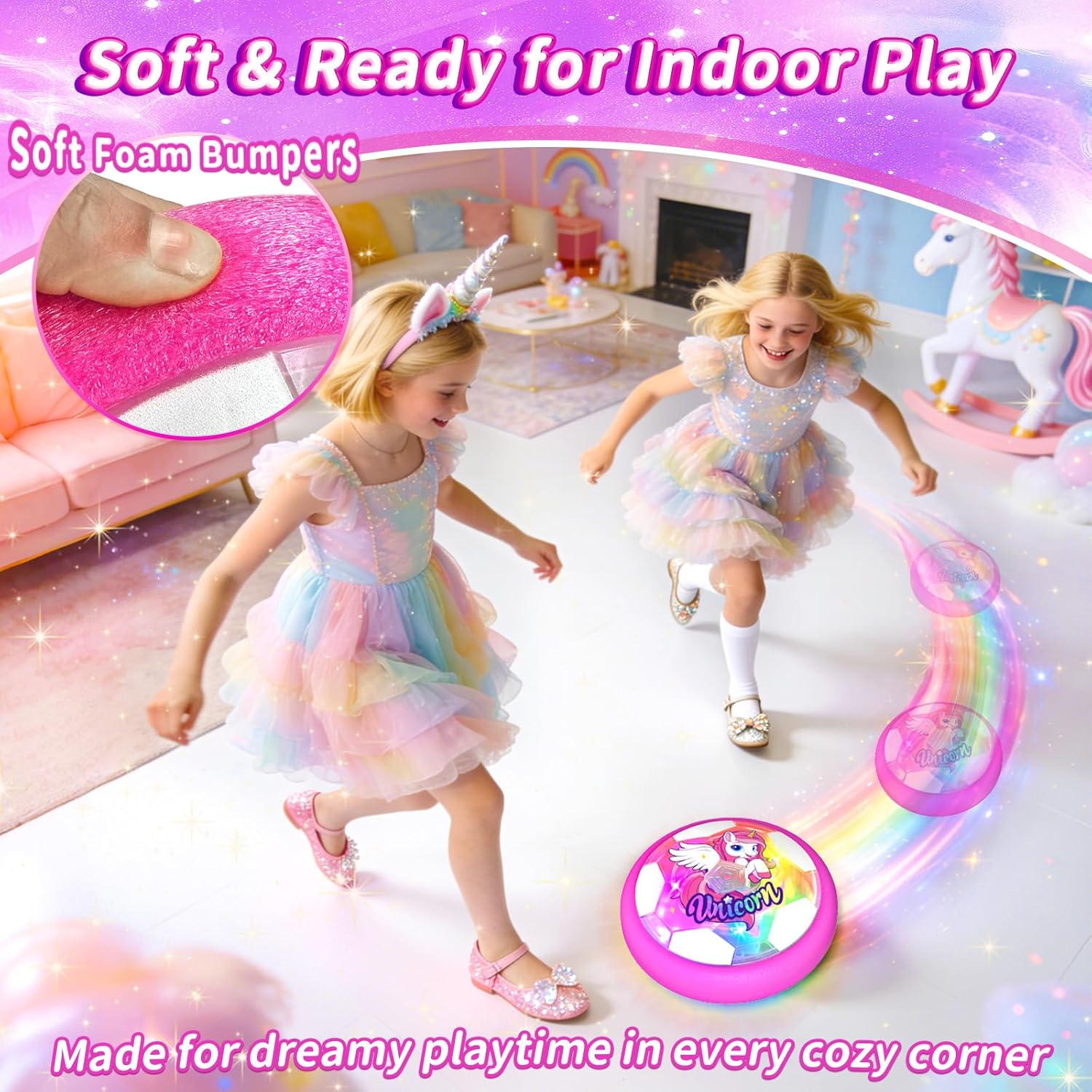 Unicorn Hover Soccer Ball for Girls, Light Up Air Floating Toys for Girls Age 3 4 5 6 7 8 9 10 11 12, Indoor Toy Birthday Gifts, Kids Games with LED Lights Foam Bumper, Kids Stocking Stuffers
