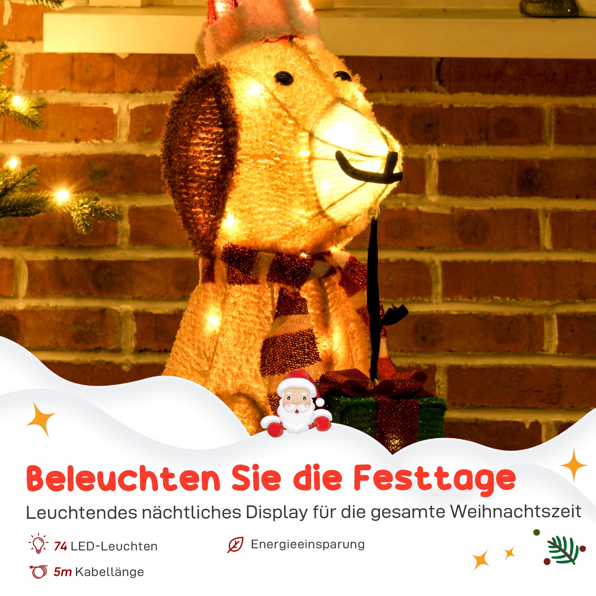 Outsunny Weihnachtsdekoration Beleuchteter Weihnachtswelpe 74 LED Gelb