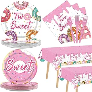 98 Pieces Two Sweet Donut Birthday Party Supplies for 24 Guests Girls Donut Tableware Set Baby Girl 2nd Birthday Donut Plates Napkins Tablecloth Party Decorations Table Cover Dinnerware Party Favors