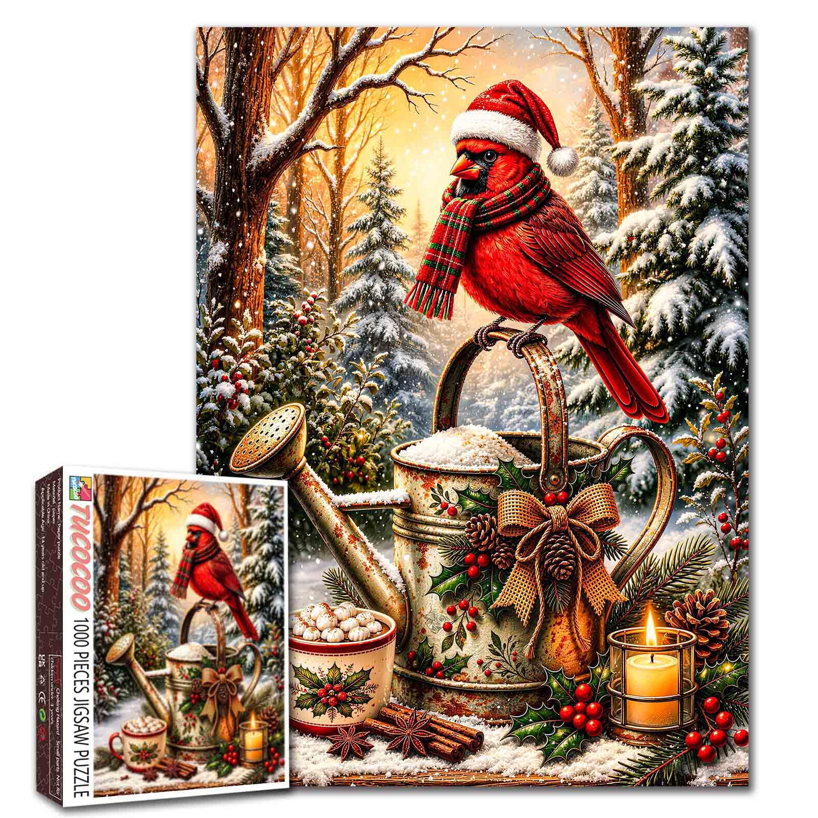 Christmas Cardinal Puzzle 1000 Pieces for Adults, Red Winter Bird Snowy Garden Jigsaw Puzzle Rustic Watering Can and Candlelight Puzzles, Cozy Holiday Artwork, Seasonal Home Wall Decor Craft Gifts โ image 1
