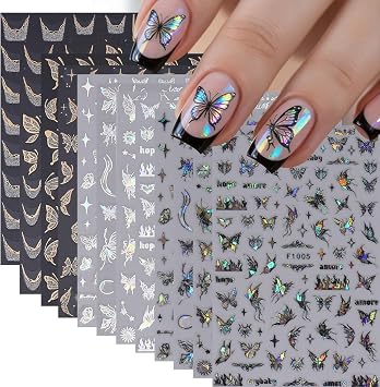 3D Butterfly Nail Art Stickers 12 Sheets 3D Self-Adhesive Nail Decals Holographic Wings French Stickers for Nails Black & White Starry Glitter Designs Self-Adhesive for Women DIY Manicure Decoration