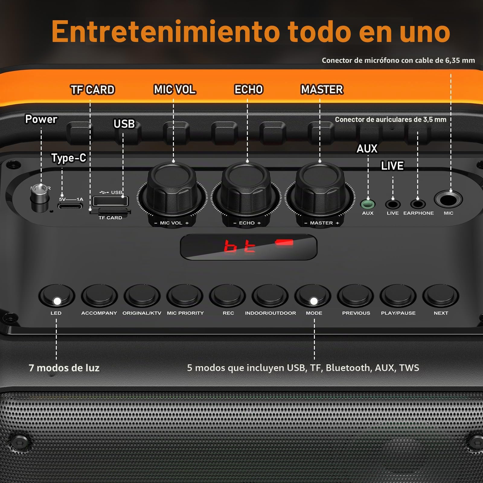 HWWR Altavoz Karaoke con 2 Micrófonos Inalámbricos, Sistema de PA para Adultos y Niños con Luces LED, Karaoke Soporte USB/TF/AUX/TWS/Rec para Fiestas al Aire Libre e Interiores