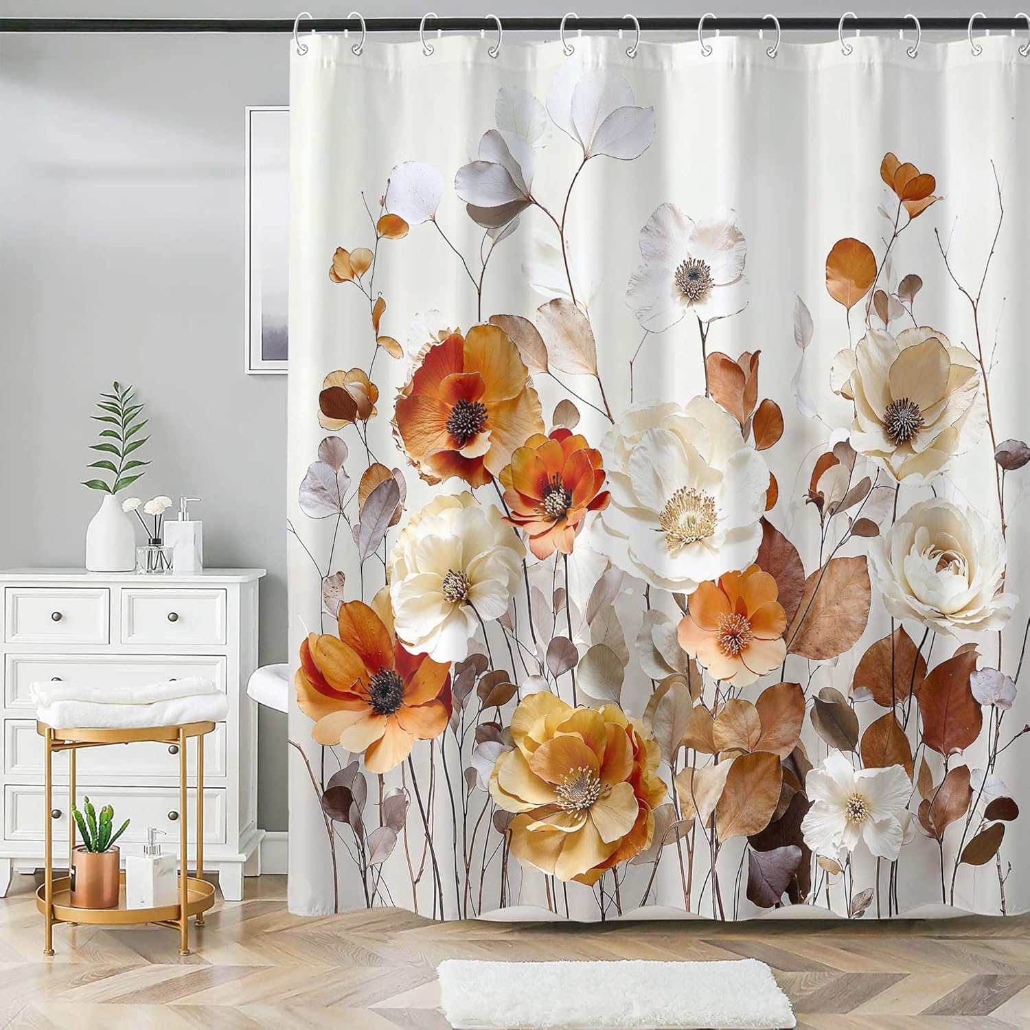 Rexful Floral Shower Curtain Sets Beige White Autumn Flower Shower Curtains for Bathroom Rusty Orange Modernism Artistic Decor Waterproof Fabric 72 x 72 inch with 12 Hooks (Orange)