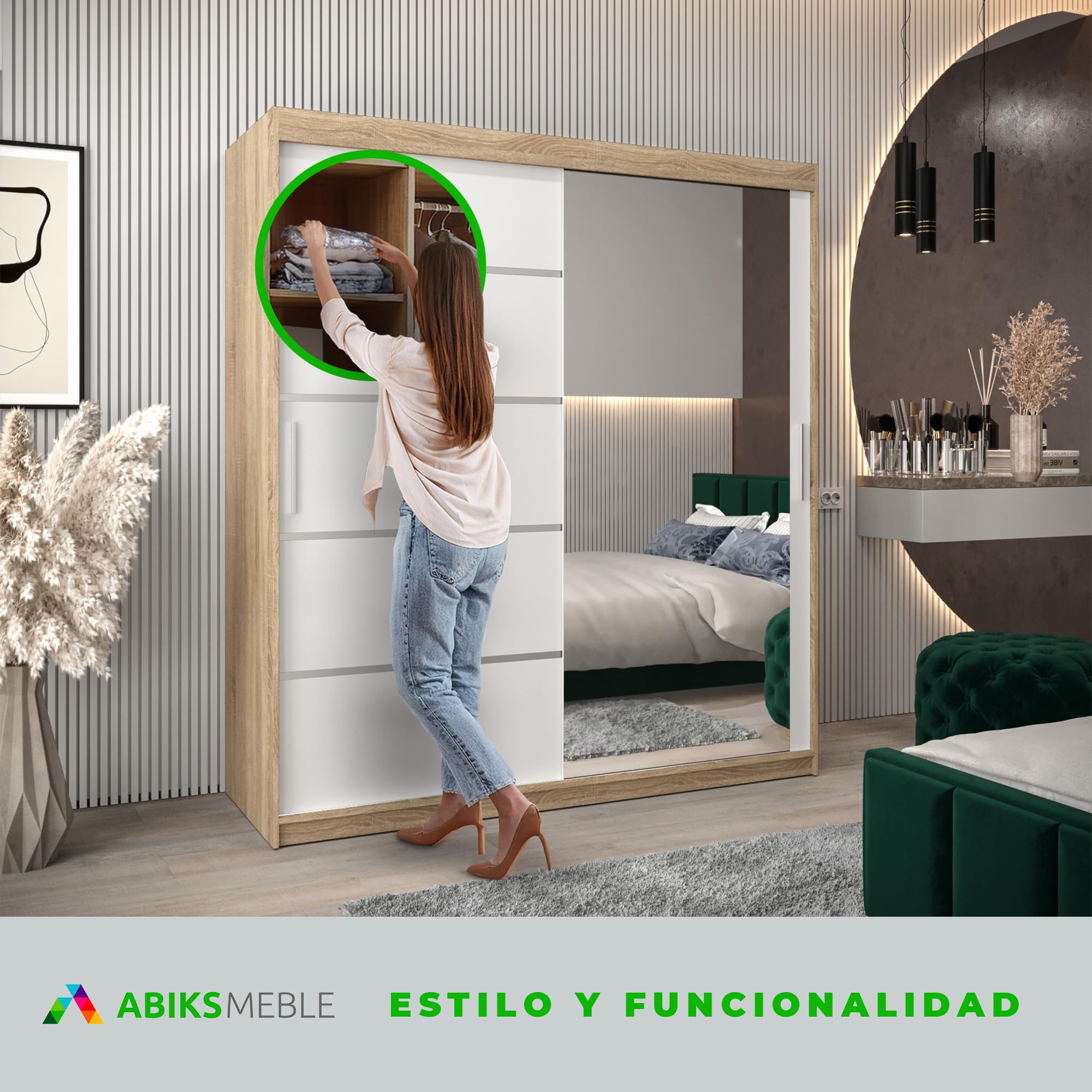 ABIKSMEBLE Verona 2 180 Armario 2 Puertas Correderas para Dormitorio - Armario Moderno con Espejo, Barra y Estantes - 180x200x62 cm (Ancho x Alto x Fondo) - Sonoma + Blanco Mate