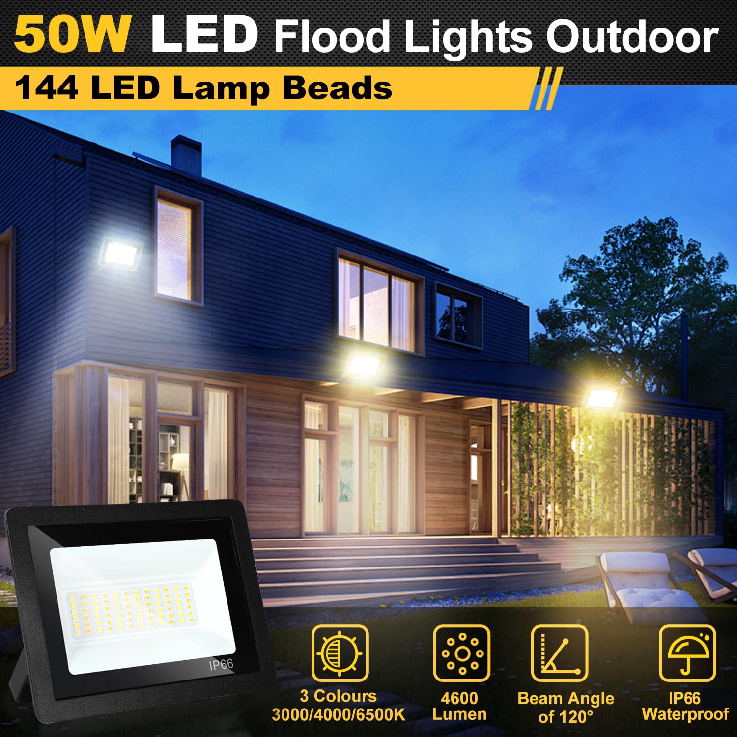 Herrselsam LED Strahler, 10x50W LED Fluter Dimmbar, 4600 Superhell Flutlichtstrahler, IP66 Wasserdicht 3 Farbtemperatur 3000K/4000K/6500K Außenstrahler (kein Stecker)