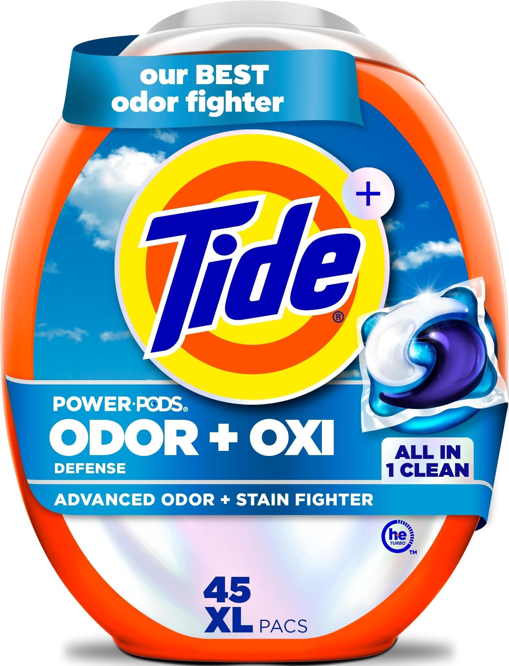 Tide Odor Defense + Oxi Laundry Detergent Pacs, Original Scent, 45 Count, Advanced Odor + Stain Fighter