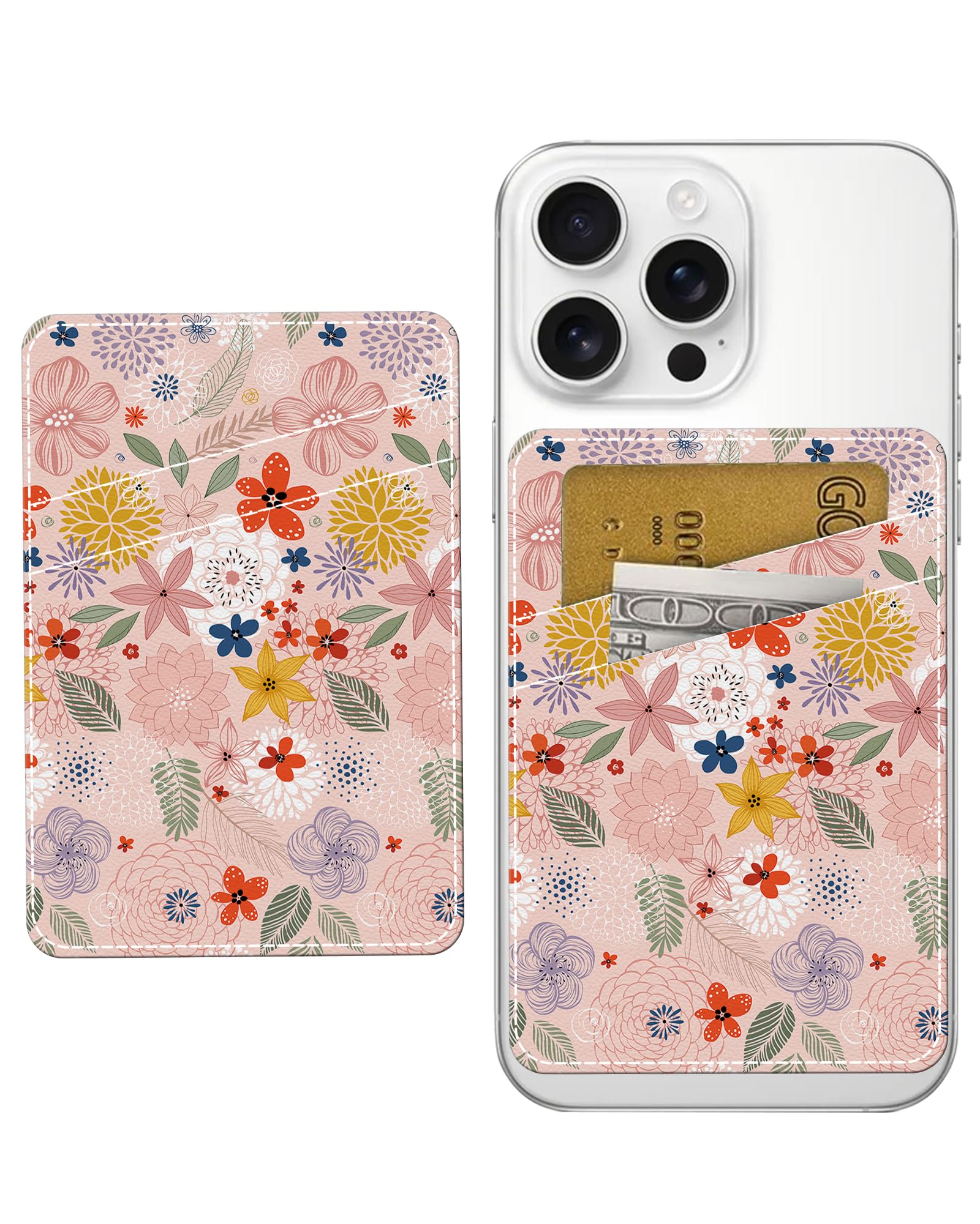 Tarjetero para teléfono, doble bolsillo, de cuero, adhesivo, bonito tarjetero, tarjetero para funda de teléfono, diseño floral