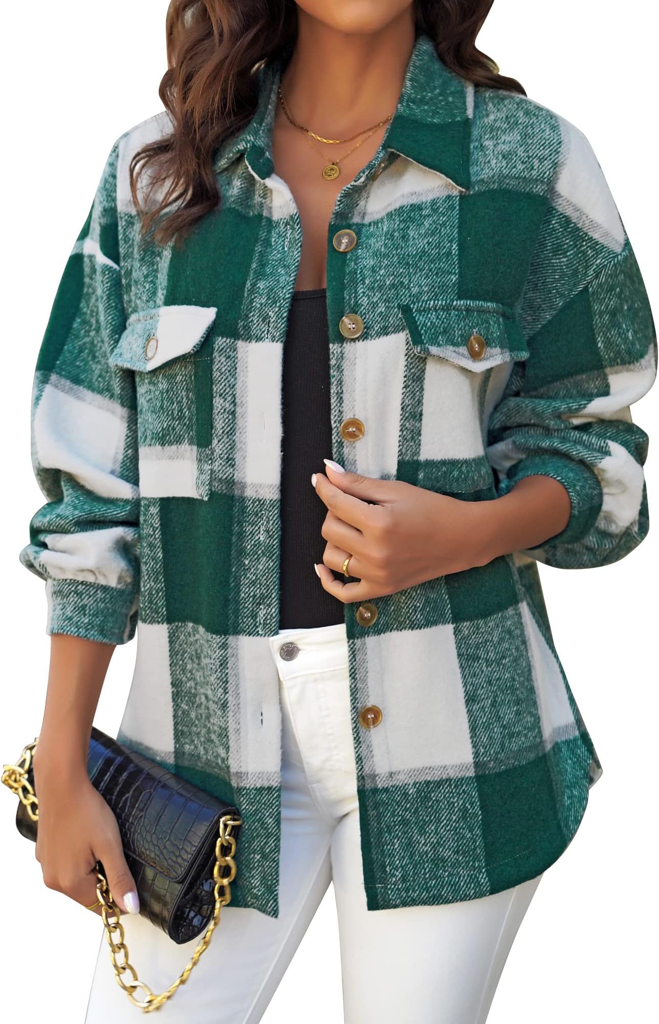 GRAPENT Womens Shacket Jacket Oversized Plaid Flannel Button Down Shirt Jackets Long Sleeve Coats