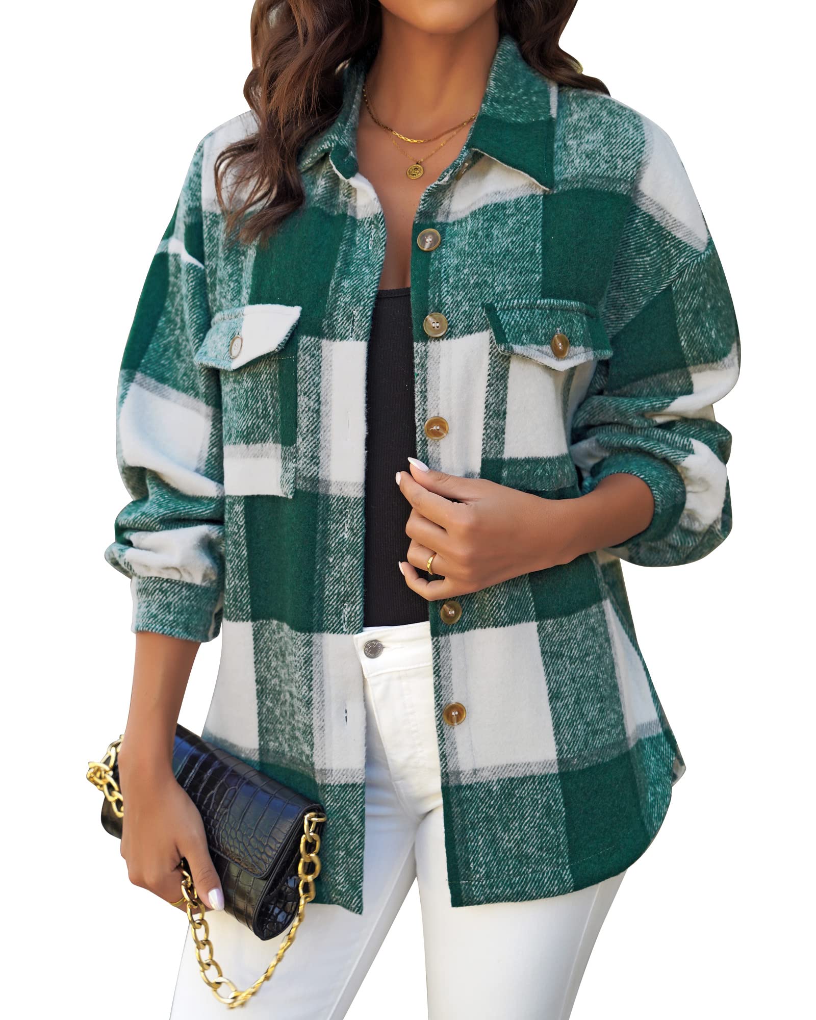 GRAPENT Womens Shacket Jacket Oversized Plaid Flannel Button Down Shirt Jackets Long Sleeve Coats