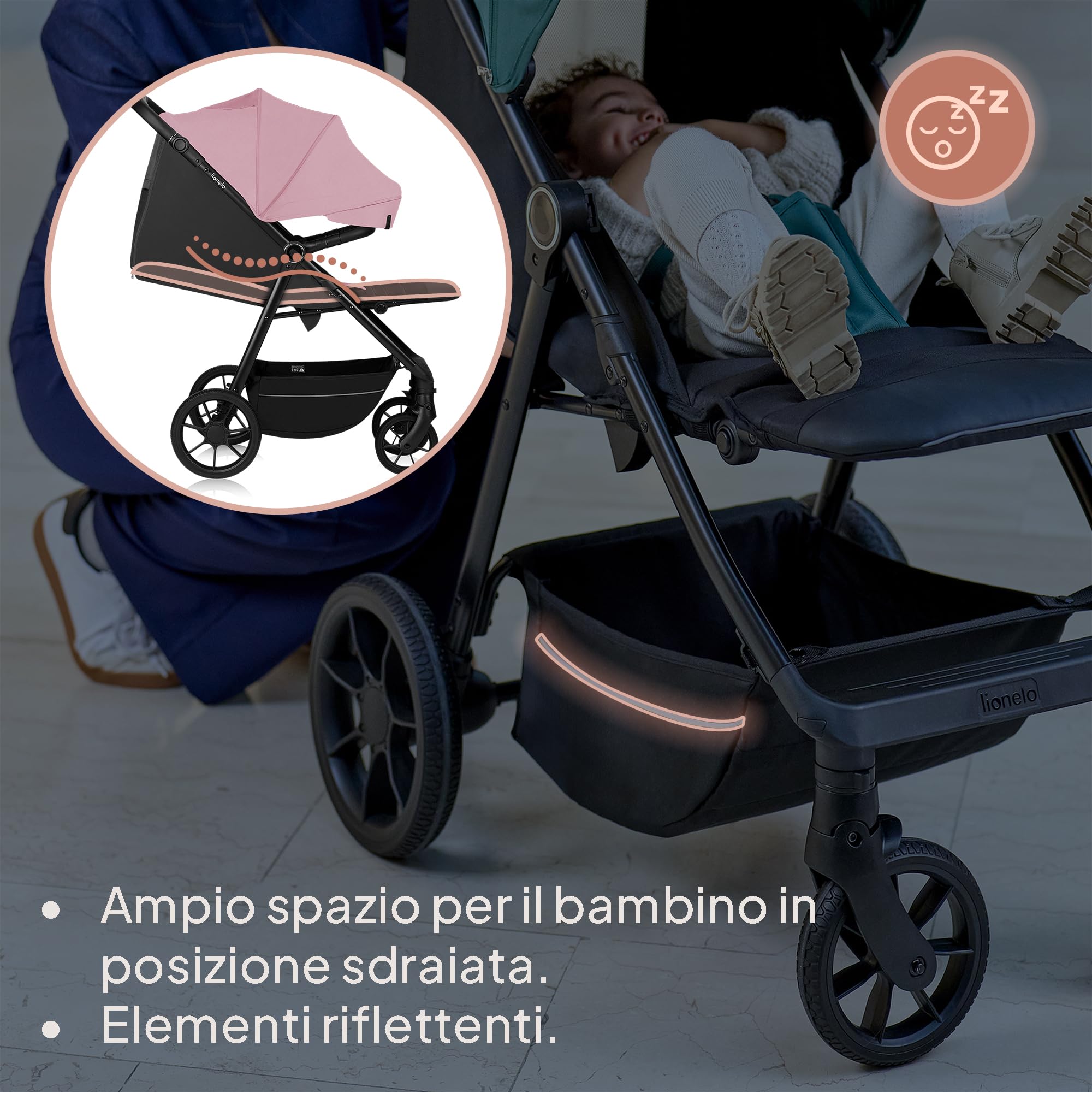 LIONELO Mira Passeggino Compatto e Leggero per Bambini fino a 22 kg | Da 6 Mesi, Ruote Girevoli a 360°, Sospensioni, Schienale e Poggiapiedi Regolabili, Cappottina XXL UPF50+, Ampio Cestino
