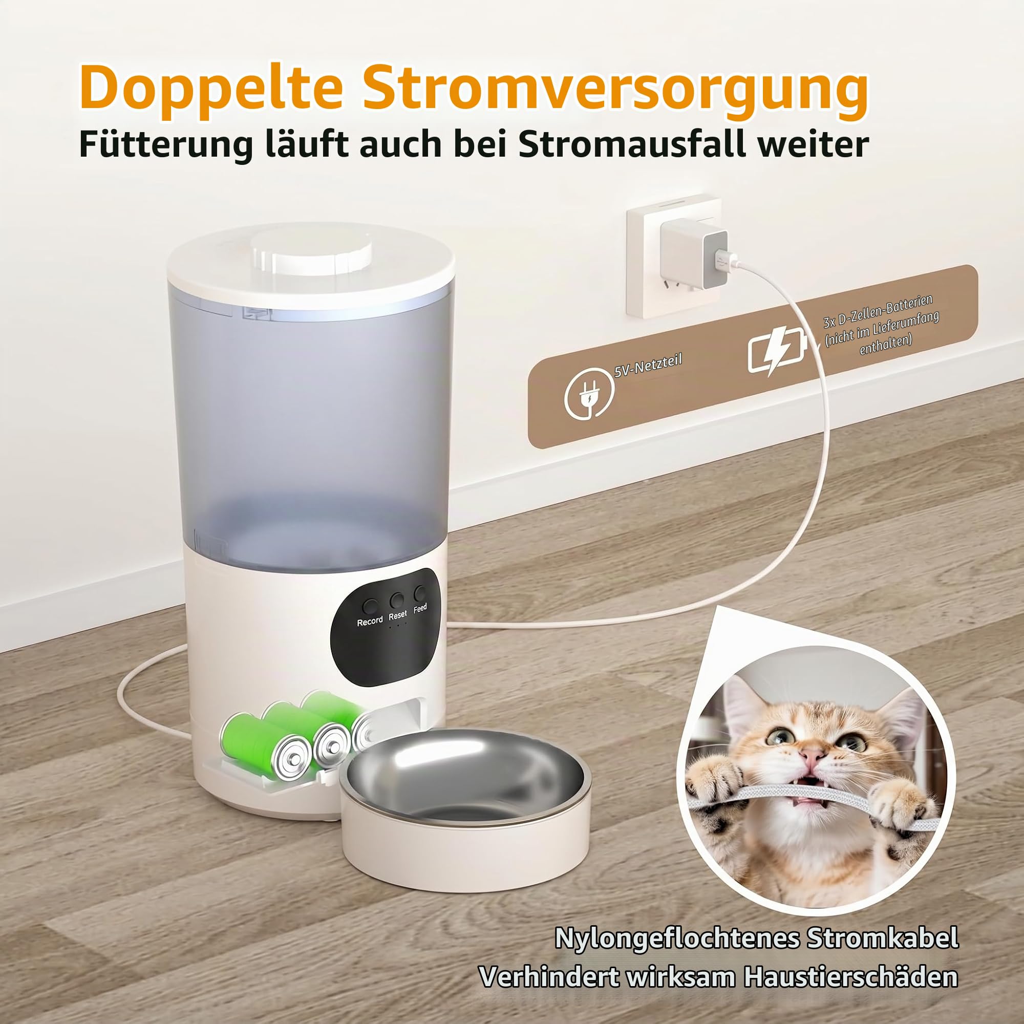 PF1-5L Futterautomat Katze WiFi, Edelstahlschüssel für Trockenfutter, Programmierbar & portionsgeregelt, Verstopfungsgeschützt, automatische Auslaufverschließung, Notbatteriefach