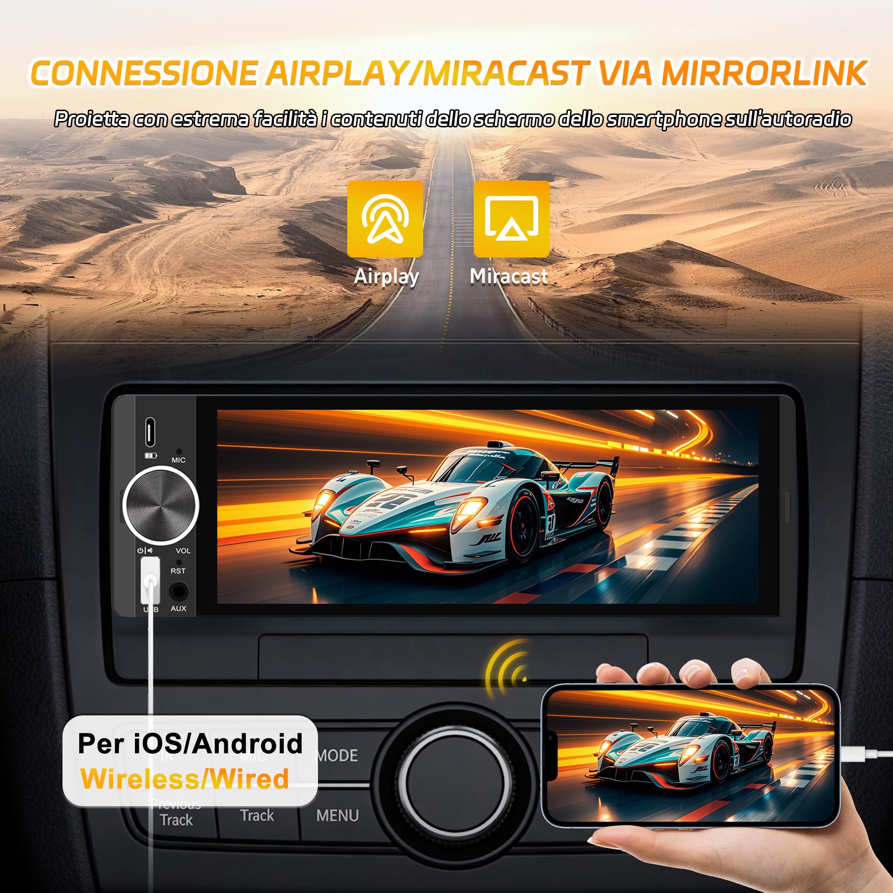 Autoradio Bluetooth 1 Din con Schermo da 6,28 Pollici, CarPlay/Android Auto | Telecamera Posteriore, Navigazione GPS, FM/RDS, Comandi al Volante, Comandi Vocali, Radio Auto Un Din Car Stereo Touch Screen