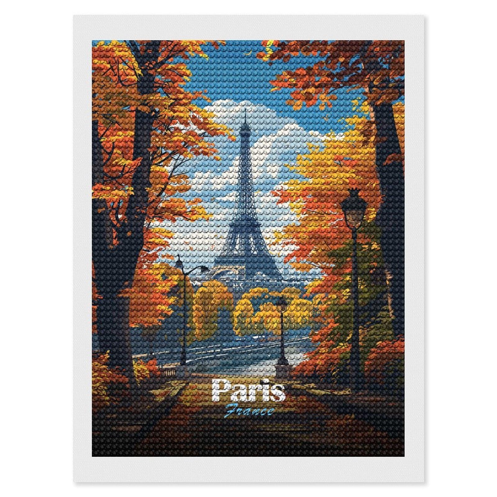 Junmoney Eiffel Tower Autumn View Diamond Art Canvas 12"x16", for Teens, Nice Detail and Sparkle, Farmhouse Decor, Festive Craft Gift, Easy to Enjoy