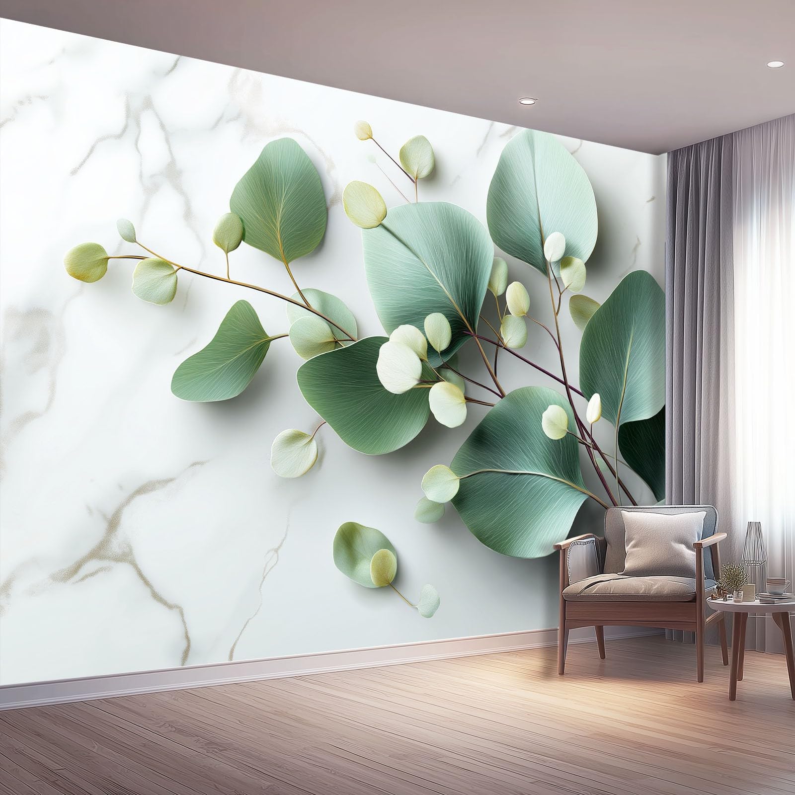 Tapeta z włókniny 350 x 256 cm, liście eukaliptusa, dekoracja ścienna do głównej sypialni i salonu, jasnozielona