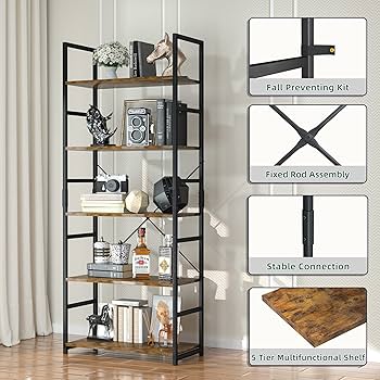 Large 5-Tier Corner Bookshelf - Modern Tall Corner Shelf Storage Display Rack With Sturdy Metal Frame - Perfect For Living Room, Home Office, Books And Decor Display