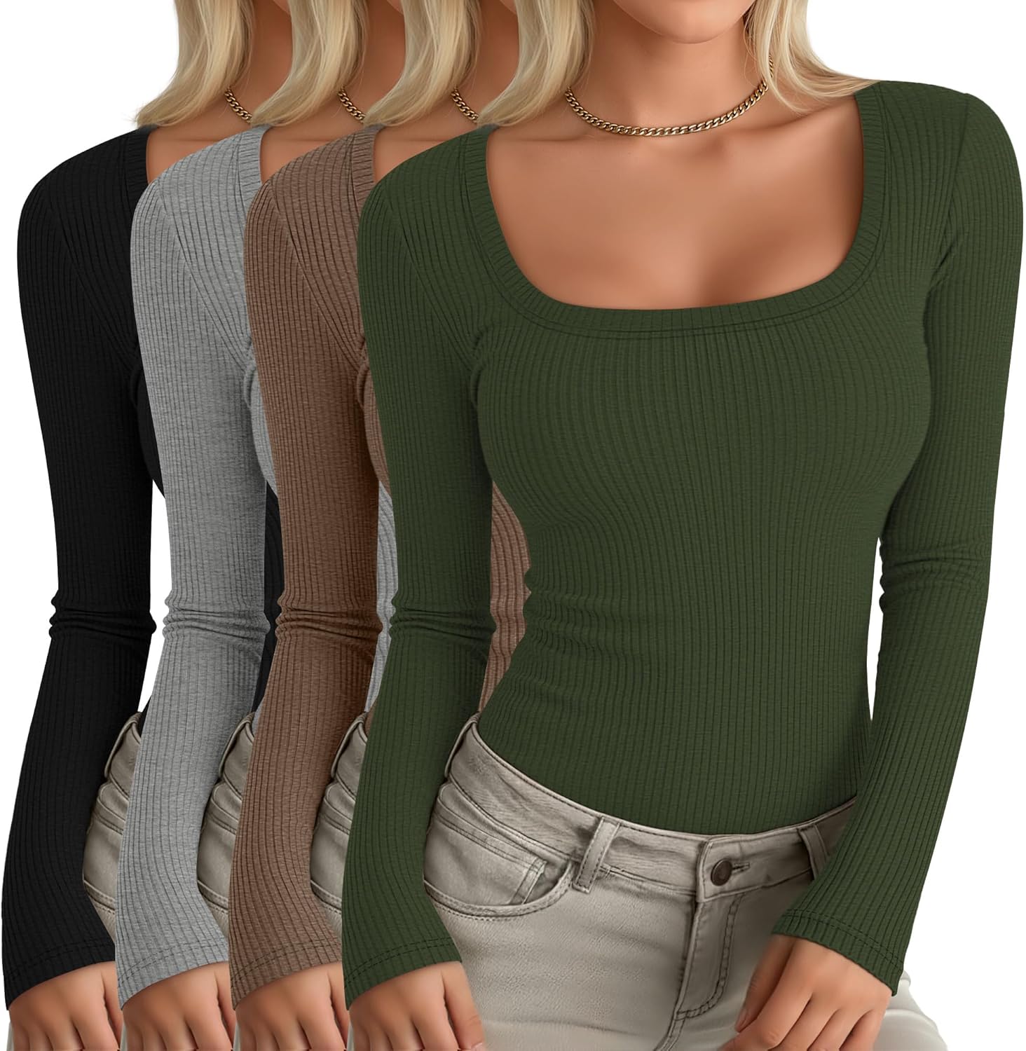 Oakgarden 4 Pack Women's Long Sleeve Shirts Scoop Neck Ribbed Knit Tops Casual Slim Fitted Cotton Tees Fall Basic T Shirts