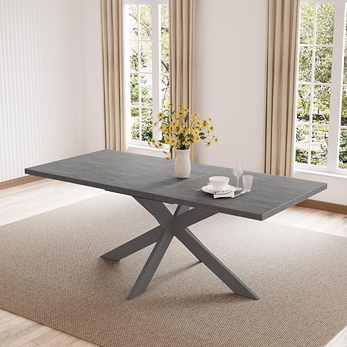 Miniatura 10 de ZckyCine Juego de mesa de comedor extensible de 6 piezas, moderna mesa de madera gris de 63 a 79 pulgadas con 6 sillas de tela gris, mesa de comedor