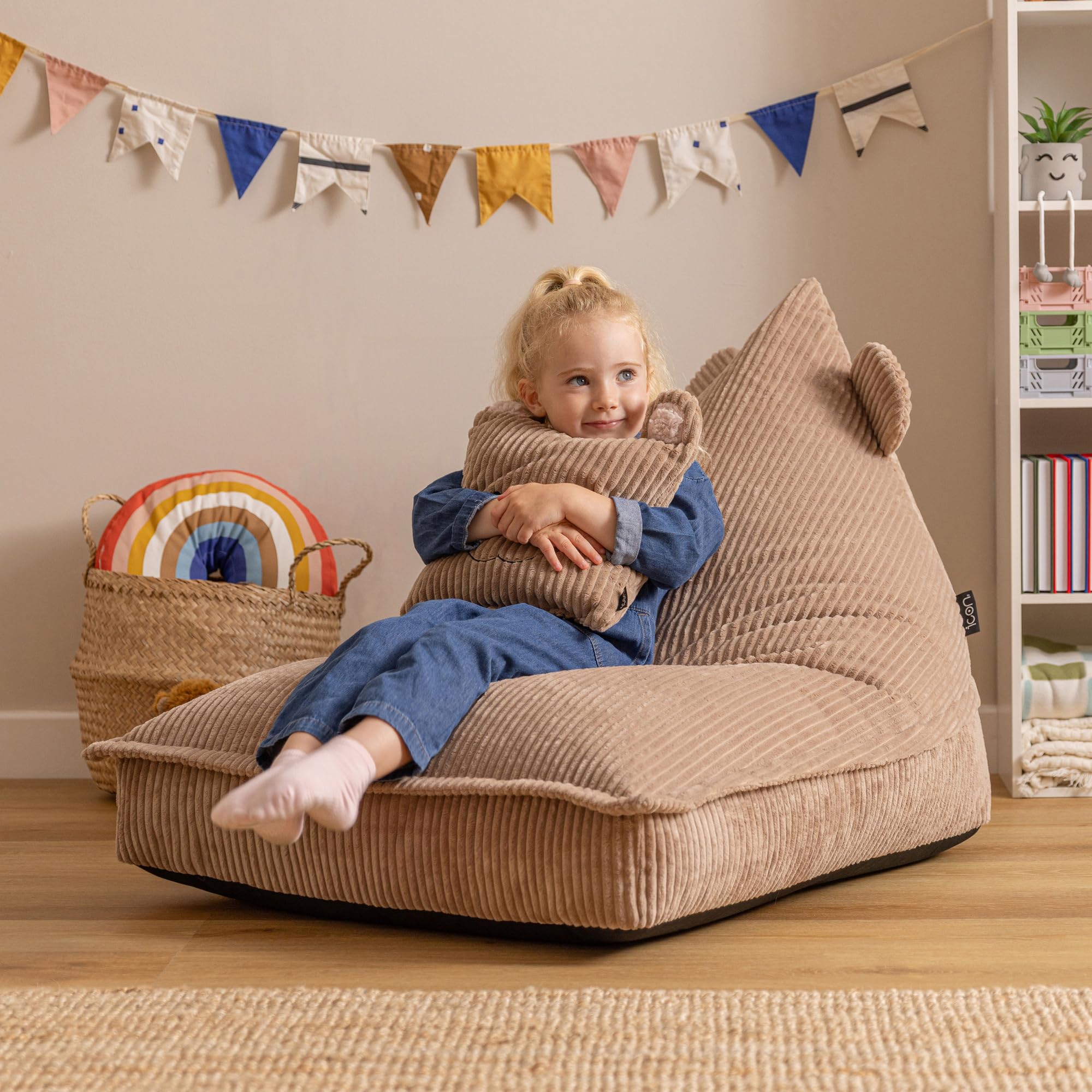 Icon Bertie Bär Sitzsack Kinder, Braun, Flauschiger Cord Stoff, Sitzsack Cord mit Füllung, Bequemer Kinder Sessel, Kuschelsessel, Lese Sessel, Schlafzimmer, Kinderzimmer, Spielzimmer