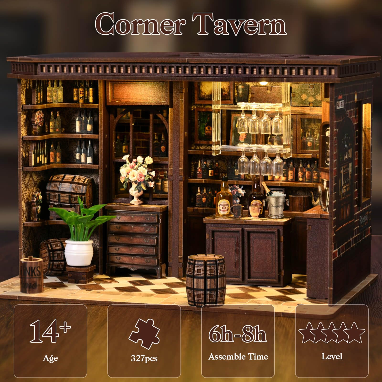 Książka Nook Miniaturowe puzzle do samodzielnego wykonania, drewniane puzzle z narożną tawerną, 3D, domek dla lalek w stylu vintage, pub, z lampkami LED, dekoracja barowa do domu i domu