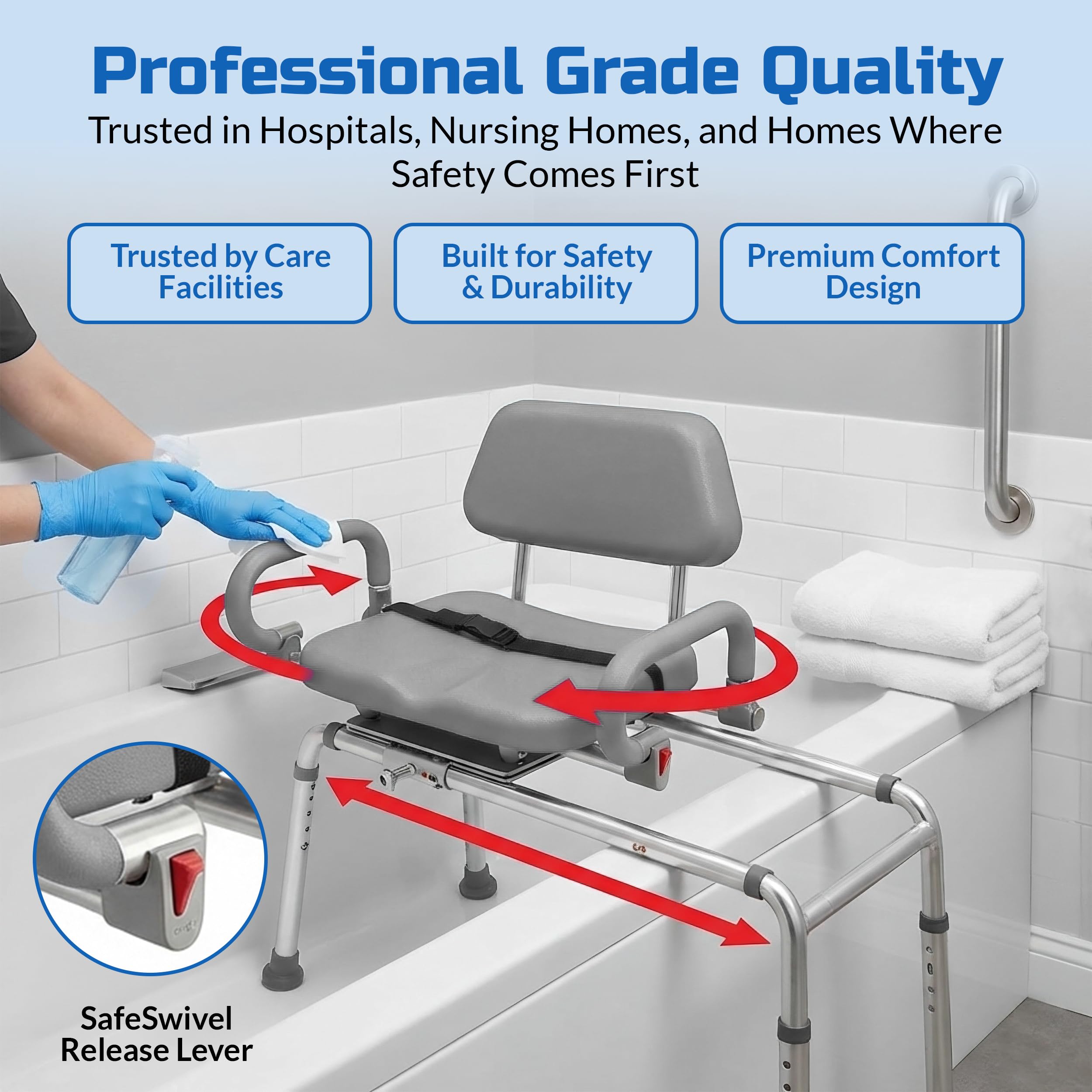 Banco de Transferencia Deslizante de carrusel con Asiento Giratorio. Silla de baño y Ducha Acolchada Brazos pivotantes. Diseño de Ahorro de Espacio para bañeras y duchas.