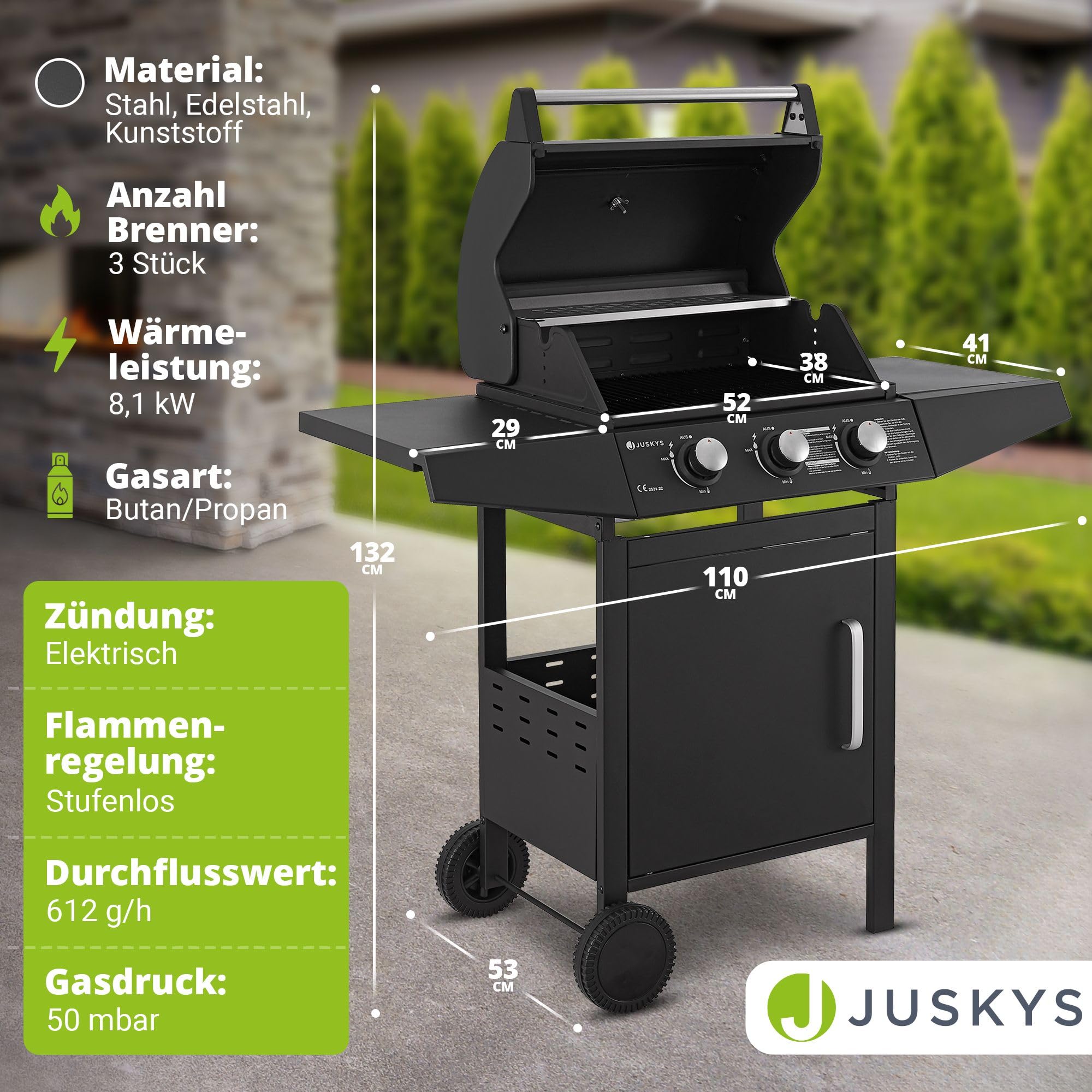 Juskys Gasgrill Louisiana 3 Brenner 8,1 kW – BBQ Grillwagen mit Deckel, Grillrost & Warmhalterost, Grill mit Thermometer, Seitenablagen & Abdeckplane