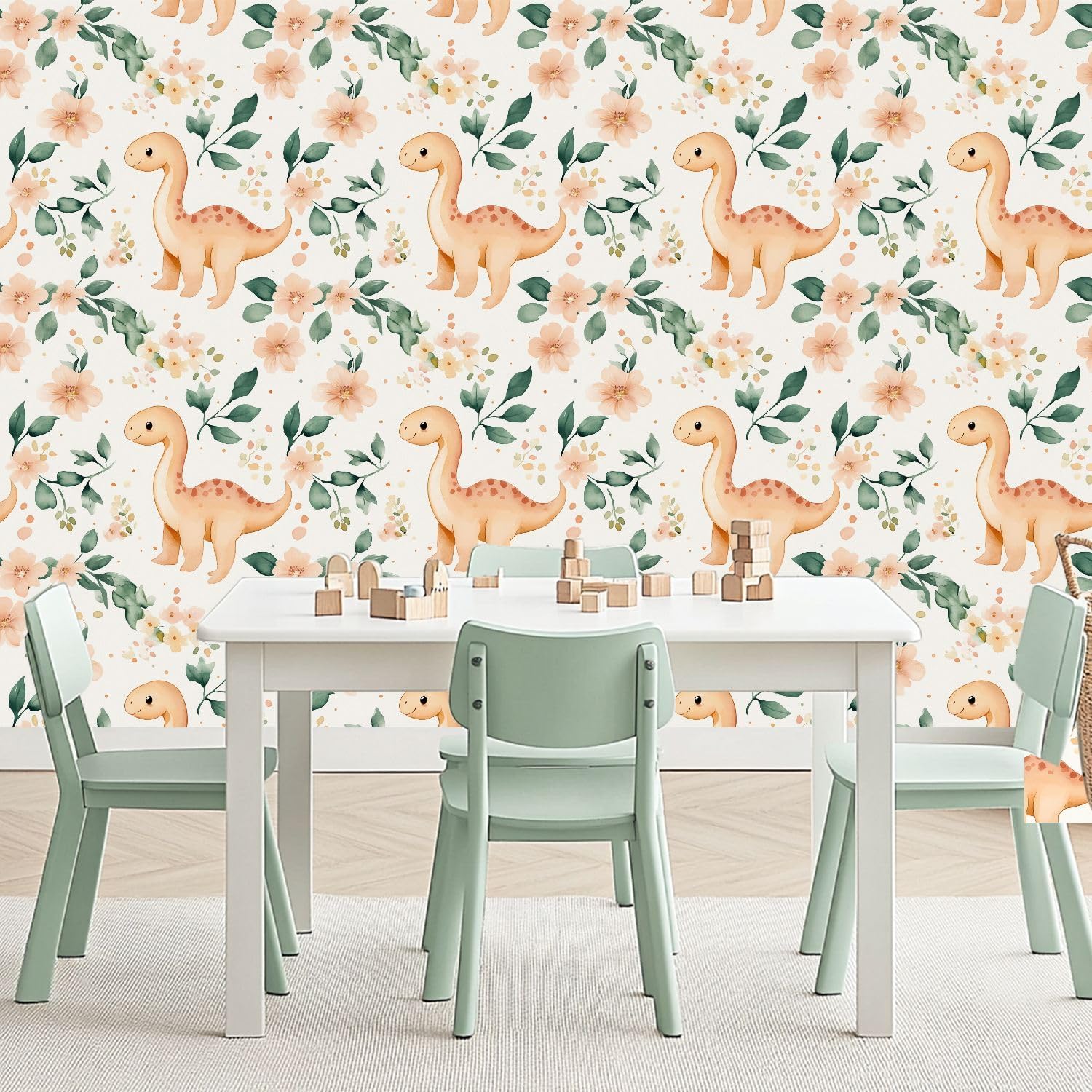 24"x118" Peel and Stick Wallpaper Seamless Nursery Dinosaure Floral Pink Beige Green Baby Dinosaurs Contact Paper Self Adhesive Removable Wallpaper Waterproof for Backsplash Bedroom Kitchen