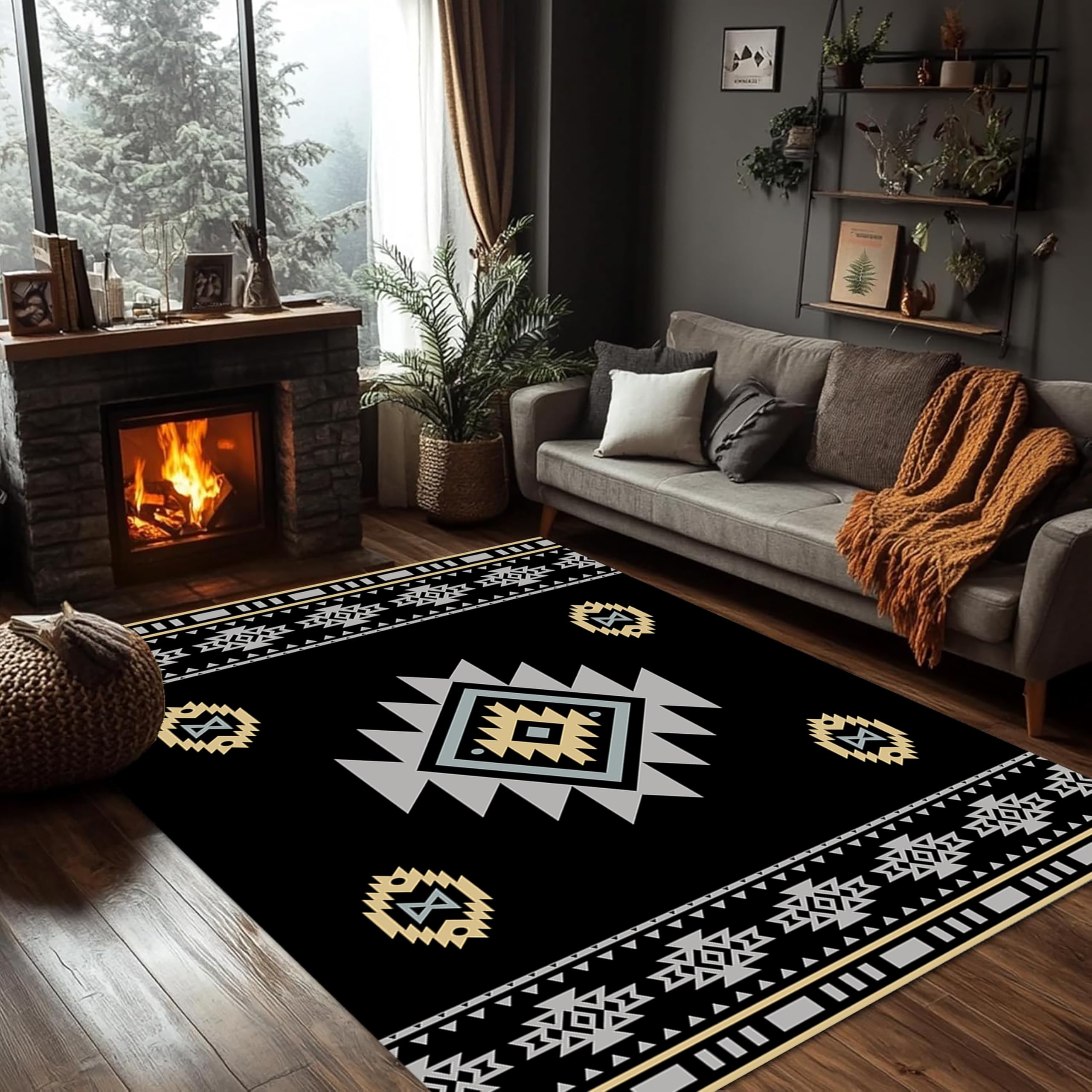 PDENZG Western Rugs for Living Room,160x230cm,Aztec Series Southwest Rug, Boho Western Decor Carpet,Office Machine Washable Indoor Non-Slip Carpet, Black Farmhouse Rugs for Bedroom. — image 1