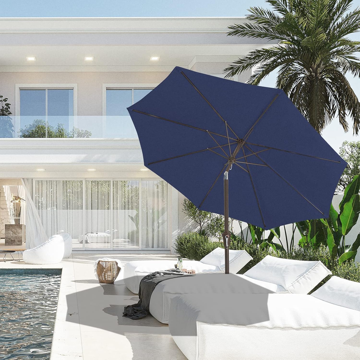 JEAREY 9FT Outdoor Patio Umbrella Outdoor Table Umbrella with Push Button Tilt and Crank, Market Umbrella 8 Sturdy Ribs UV Protection Waterproof for Pool, Deck, Backyard, Garden (Navy Blue)