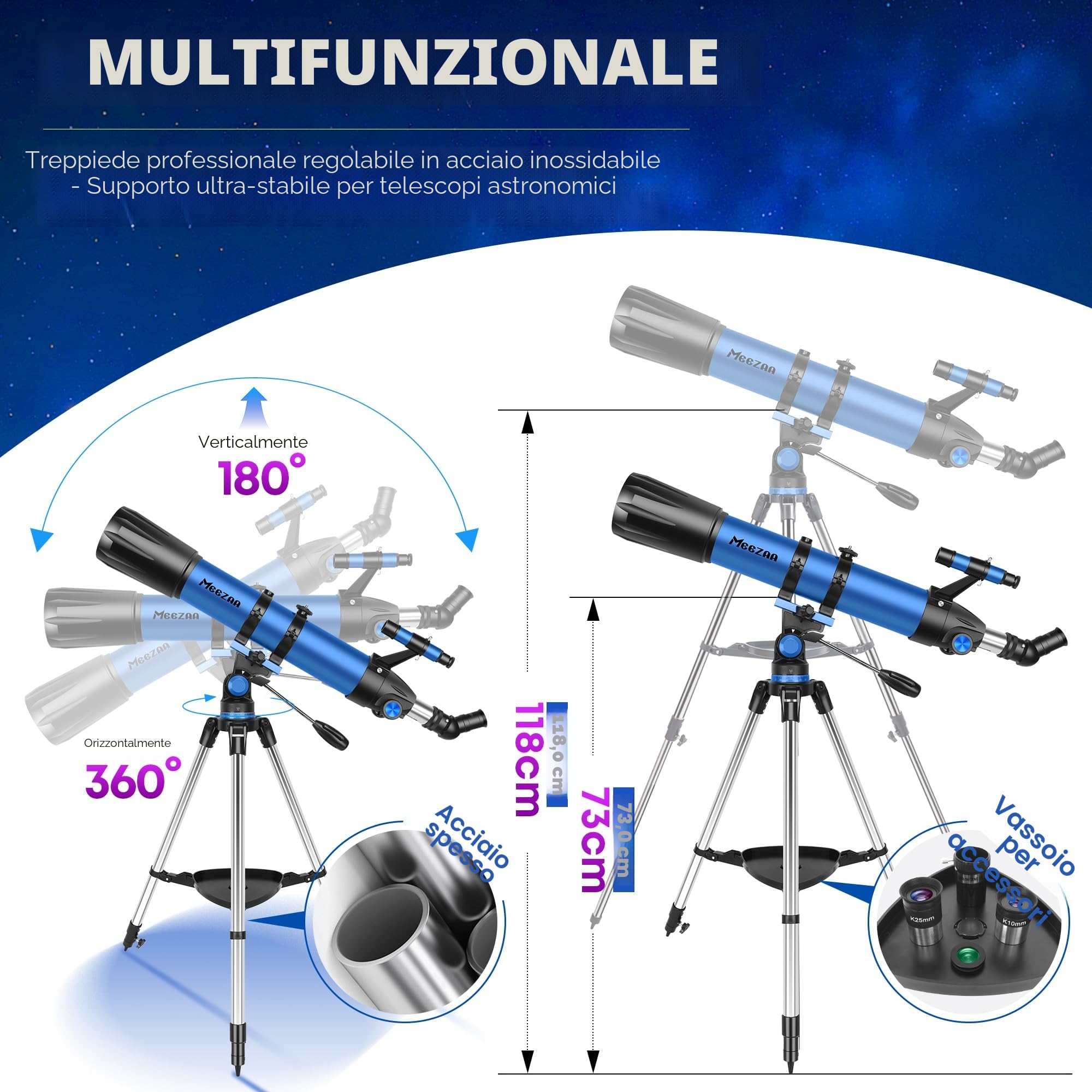 MEEZAA Telescopio Astronomico Professionale Potente Adulti, Bambini e Principianti, 90 mm Apertura 800 mm Portatile Telescopio Riflettore con Treppiede, Borsa, Adattatore per Telefono e Filtro Lunare