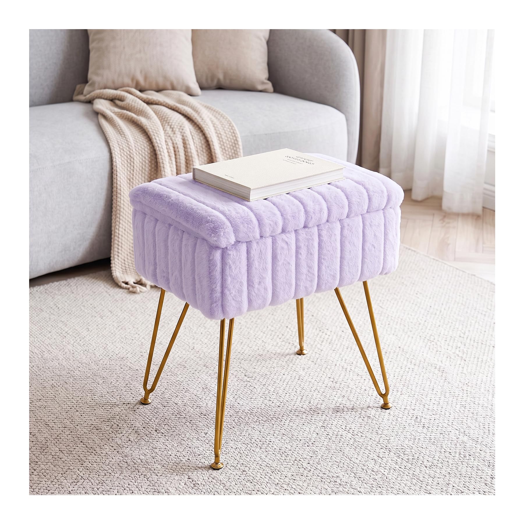 INMOZATA Faux Fur Footstool with Storage,Upholstered Ottoman Chair with Golden Metal Hairpin Legs,Storage Stools for Dressing Table for Bedroom Dressing Table Hallway(Purple)