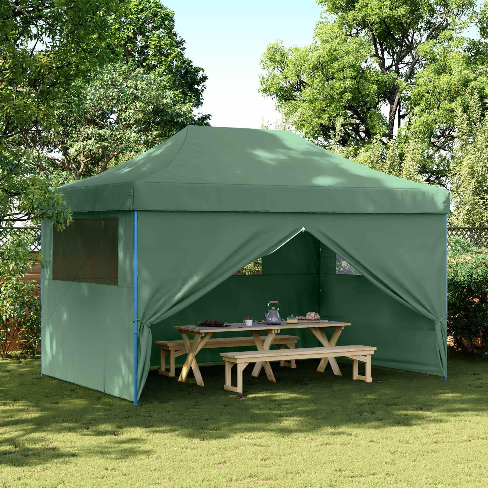 Party-Zelt Grün 292 x 440 x 315 cm aus Oxford-Stoff mit pulverbeschichtetem Stahlrahmen und dreistufiger Höhenverstellung für Garten Terrasse Balkon Outdoor-Sonnenschutz