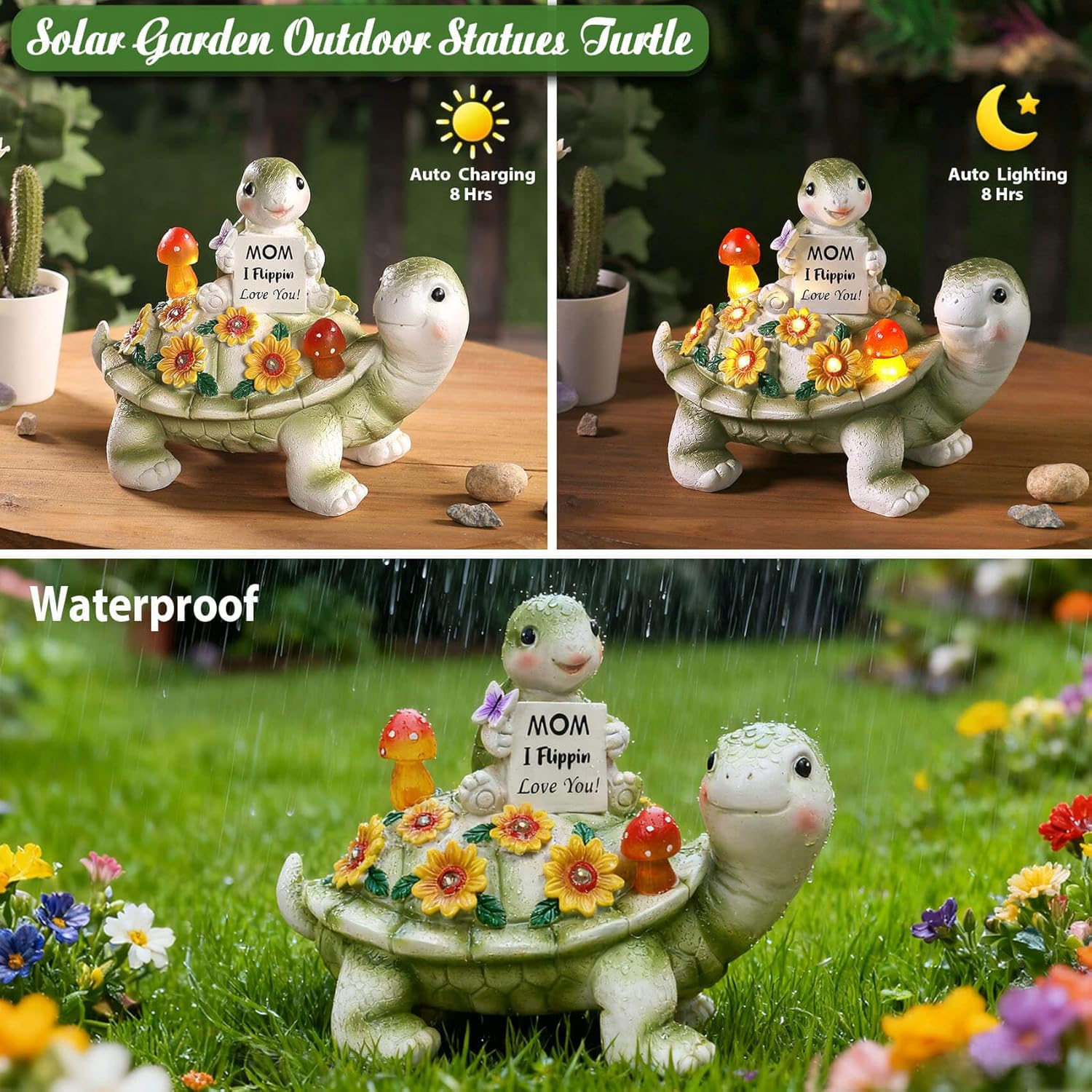 Solar Turtle Garden Statue 7.5 inches, I Flippin Love You Tortoise Figurine with 7 LED Lights, Outdoor Lawn Decor for Patio, Yard, Balcony, Birthday for Mom, Grandma, Women - Image 5