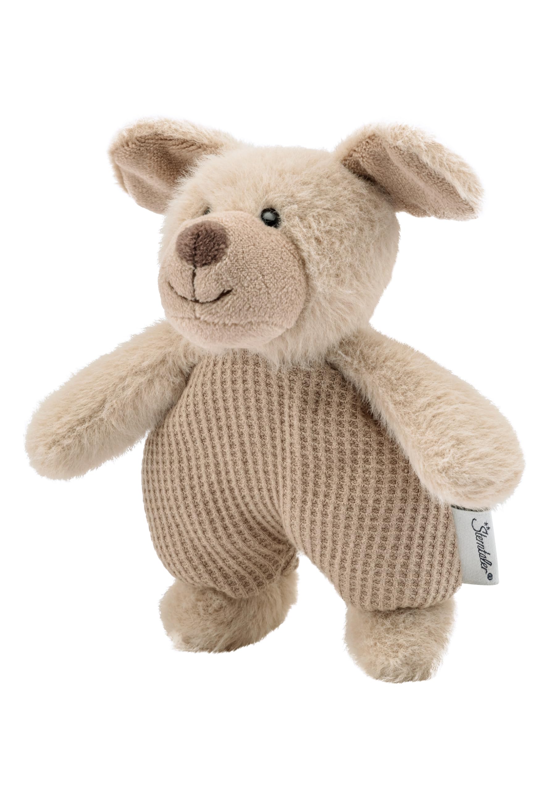 Sterntaler Mini Cuddly Toy Dog Lucky - Small Plush Toy Dog Made of Fleece & Waffle Knit - Baby Toy with Rattle - Faithful Companion for Discovering, Cuddling & Playing, Grey Beige