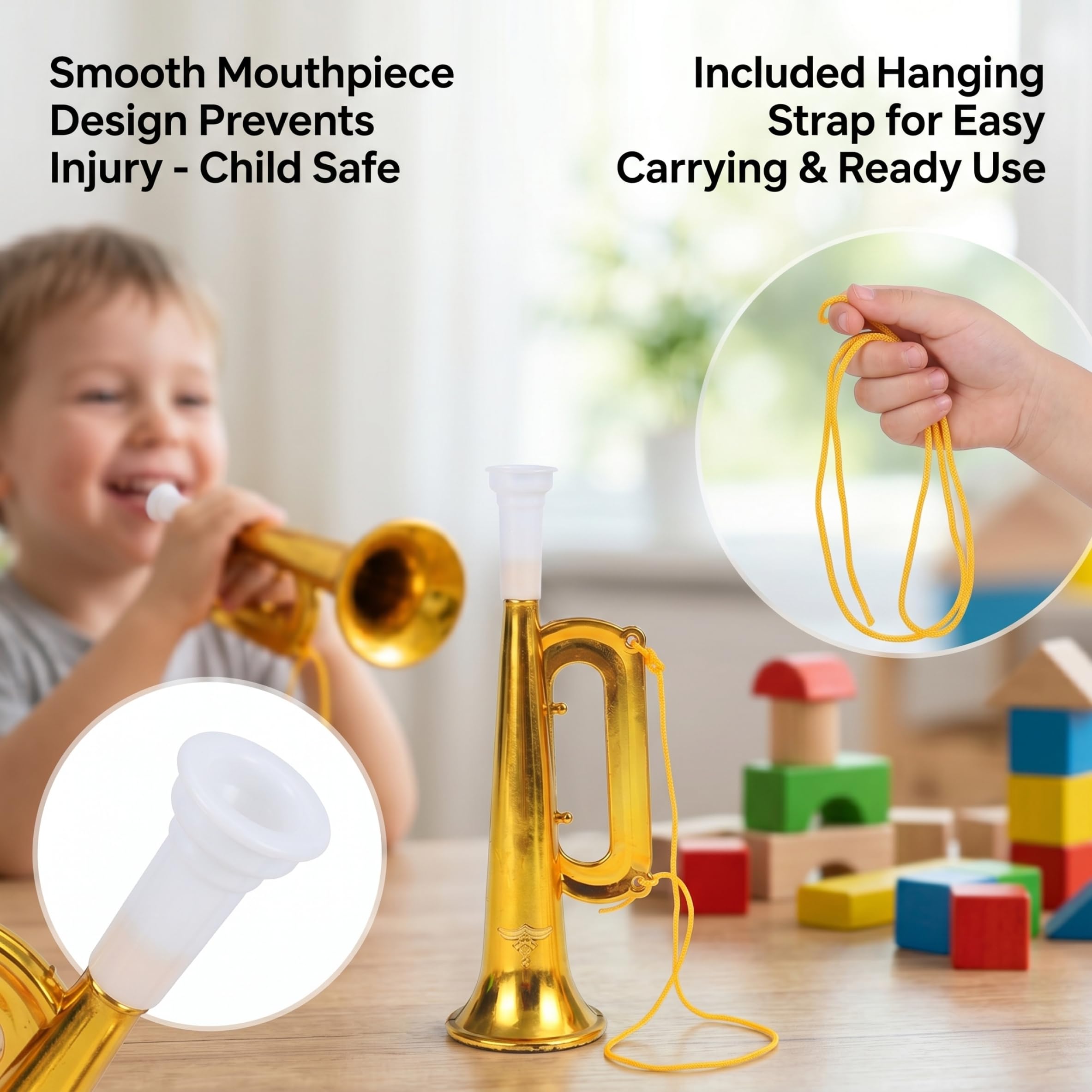 Trompette pour Enfants, 10 trompettes Jouets dorées, générateurs de Bruit en Plastique avec lanière pour fêtes et Jeux – Trompettes dorées