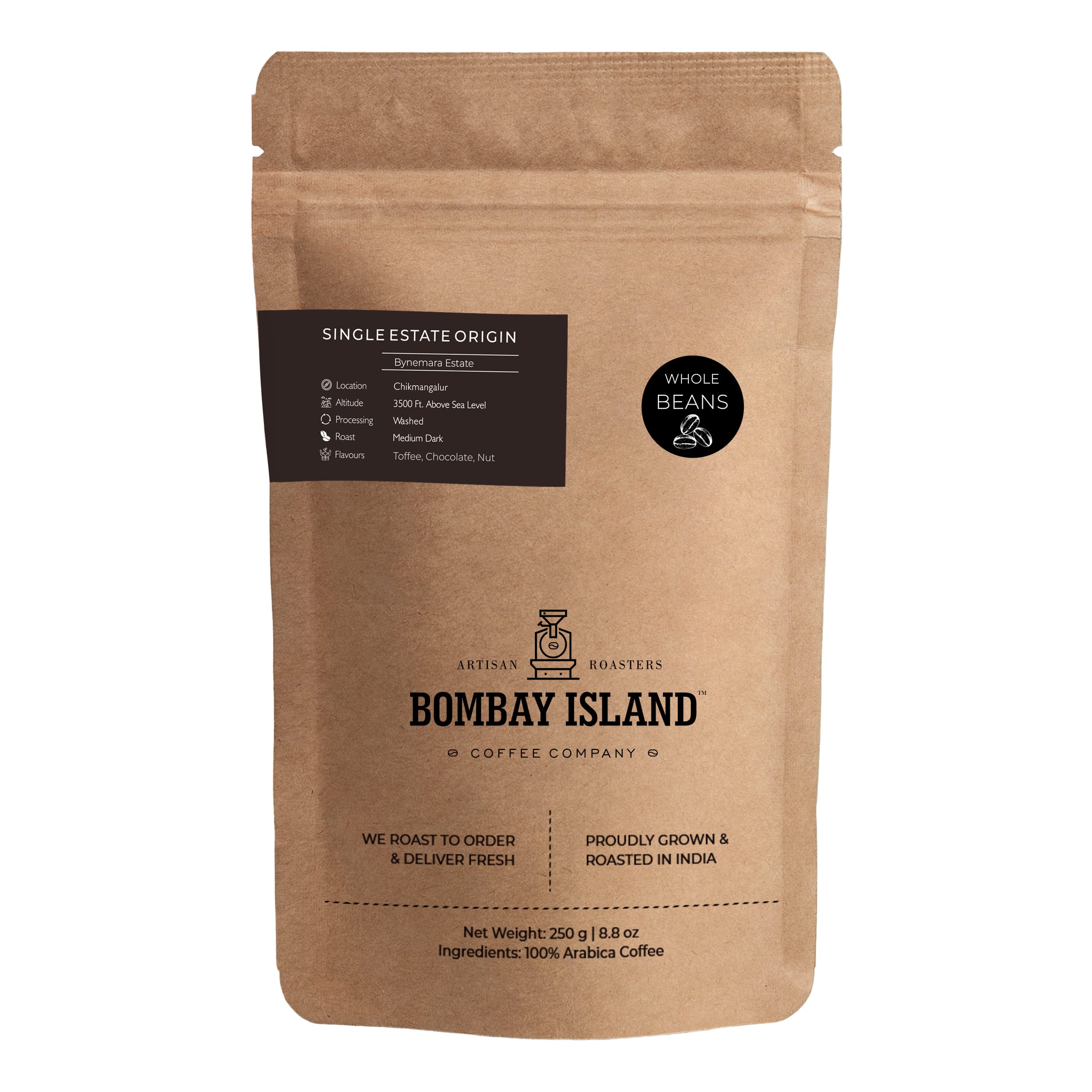 Bombay Island Coffee Bynemara Estate | Medium Dark Roast | Freshly Roasted 100% Arabica | 250 Gm | Whole Beans (B09QC7YDXW) Amazon Price History, Amazon Price Tracker