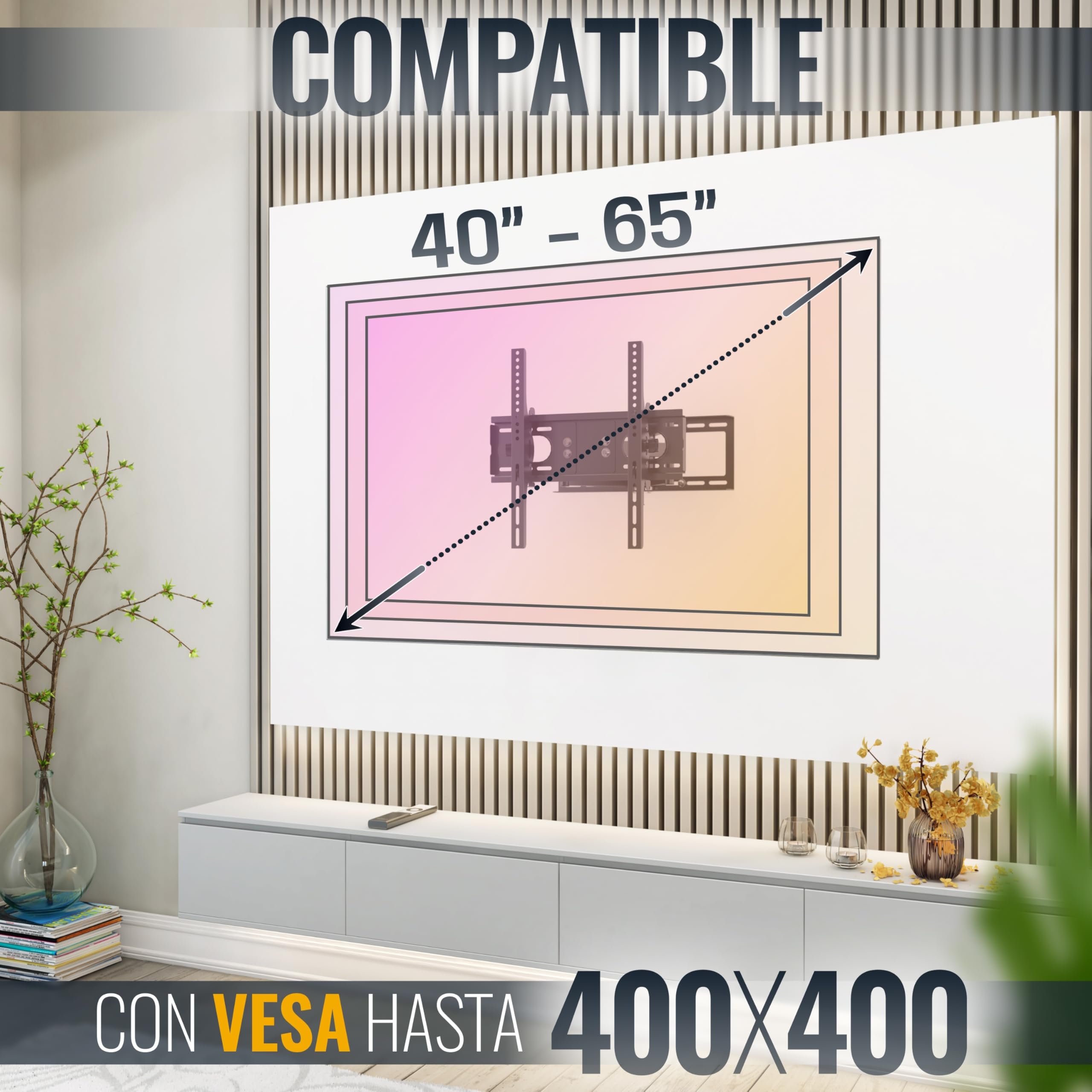 RICOO Soporte TV Pared Giratorio Inclinable Televisión 32-65" (81-165cm) R28 Brazo Universal Televisor LED/LCD/Curvo VESA 200x200-400x400 Negro
