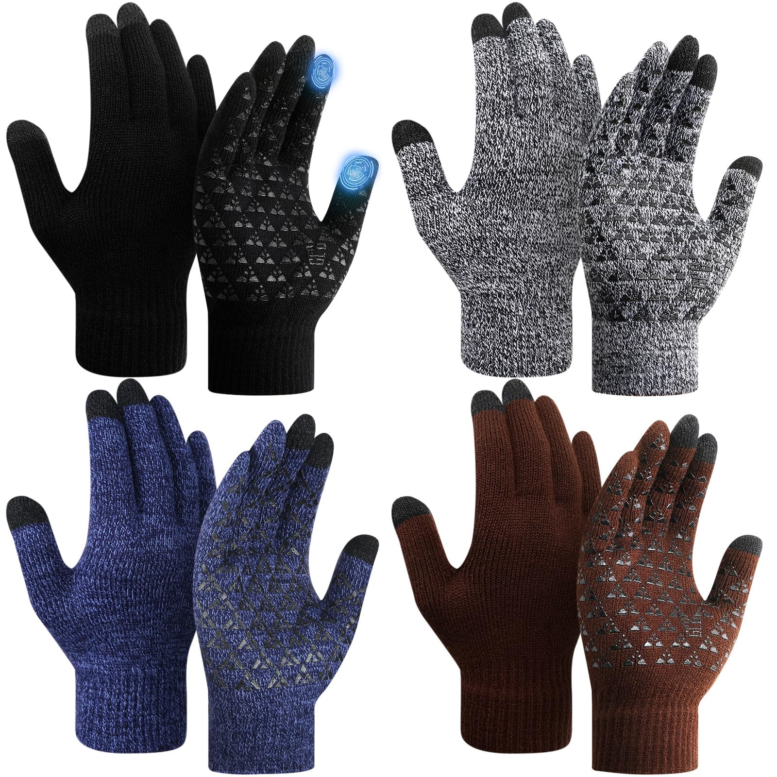 SATINIOR 4 Pairs Winter Gloves for Men Knit Warm Lining Cold Weather Gloves with Anti Slip Grips Touch